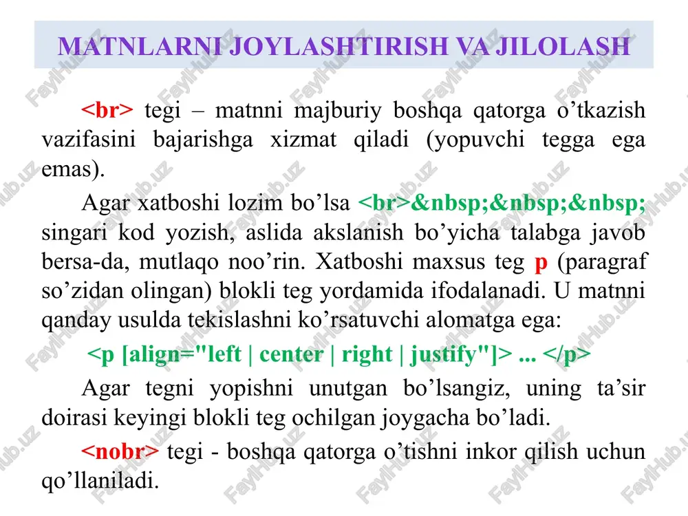 g nomi ko’rsatiladi. matnlarni joylashtirish va jilolash ranglarning inglizcha nomi va kodlari matnlarni joylashtirish va jilolash ranglarning inglizcha nomi va kodlari matnlarni joylashtirish va jilolash ranglarning inglizcha nomi va kodlari matnlarni joylashtirish va jilolash ranglarning inglizcha nomi va kodlari matnlarni joylashtirish va jilolash ranglarning inglizcha nomi va kodlari matnlarni joylashtirish va jilolash ba’zi qadimiy tillarda, xususan arab yozuvida ham o’ngdan chapga qarab yoziladi, bu esa biz ko’nikkan yo’nalishga teskari. bunday matnlarni akslantirish uchun teskari tartibda har bir qatorni aniq yozib chiqish juda murakkablik tug’diradi. bu muammoni bartaraf etish uchun bdo tegi kiritilgan: . . . 1. ltr - odatiy qiymat, matn chapdan o’ngga qarab chop etib boriladi. 2. rtl - matn (right to left) o’ngdan chapga qarab chop etib boriladi. agar yo’nalishi o’zgartirilgan yozuv ichida biror jumla asl holida ko’rinishi shart bo’lsa, uni bdi tegi ichida yozish lozim. masalan, arab yozuvi ichida inglizcha so’zni keltirish zaruriyati tug’ilsa. matnlarni joylashtirish va …
