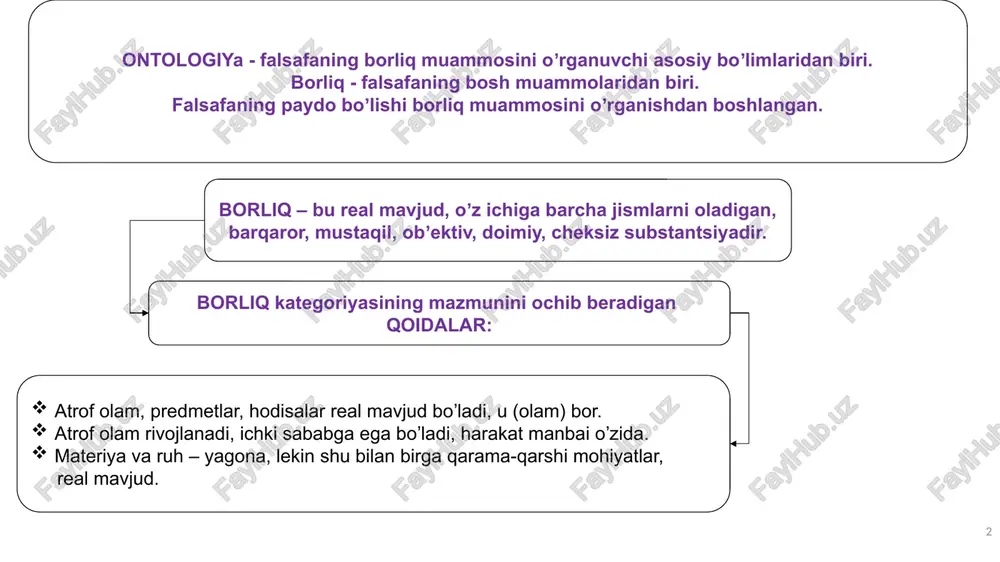 ik boʼlgan dunyo. makrodunyo biz odatlangan oʼlchovdagi kattaliklarni makroskopik kattaliklar. megadunyo gravitatsion oʼzaro taʼsirlari biriktirib turgan dunyo. anorganik dunyo notirik tabiat fizikaviy va kimyoviy aloqadorliklar hukmronlik qiladi. organik dunyo tirik tabiat biologik aloqadorliklar qatnashgani sababli uning uyushganlik darajasi yuqoriroq, faolroq va murakkabroq boʼladi. ijtimoiy dunyo unga atom strukturasi, elementar zarrachalar, atom yadrosi, kvarklar, kernlar kiradi. yer, uning tabiiy yoʼldoshi oy, quyosh va boshqa sayyoralar. . inson bu dunyoning strukturaviy elementi jamiyatga xos boʼlgan ijtimoiy aloqadorliklar. inson borligʼining shartlari tana jon aql tafakkur ma’naviy izlanish fazilat ijtimoiy borliq moddiy hayot jamiyat insonlararo munosabatlar moddiy ne’matlar ishlab chiqarish kundalik hayot jamoaviy faoliyat inson amaliyoti 10 borliq va yoʼqlik dialektikasi yoʼqlik borliqni inkor etadi va narsa, jism, hodisa, ong oʼzligini yoʼqotgan holatda «yoʼqlik» atamasi ishlatiladi. borliq falsafiy kategoriya sifatida dunyoni uning butun rang-barangligi va turli-tuman namoyon boʼlish shakllari bilan yaxlit aks ettirish imkonini beradi. borliq va yoʼqlik oʼrtasida dialektik oʼzaro aloqa mavjud. oʼtgan …