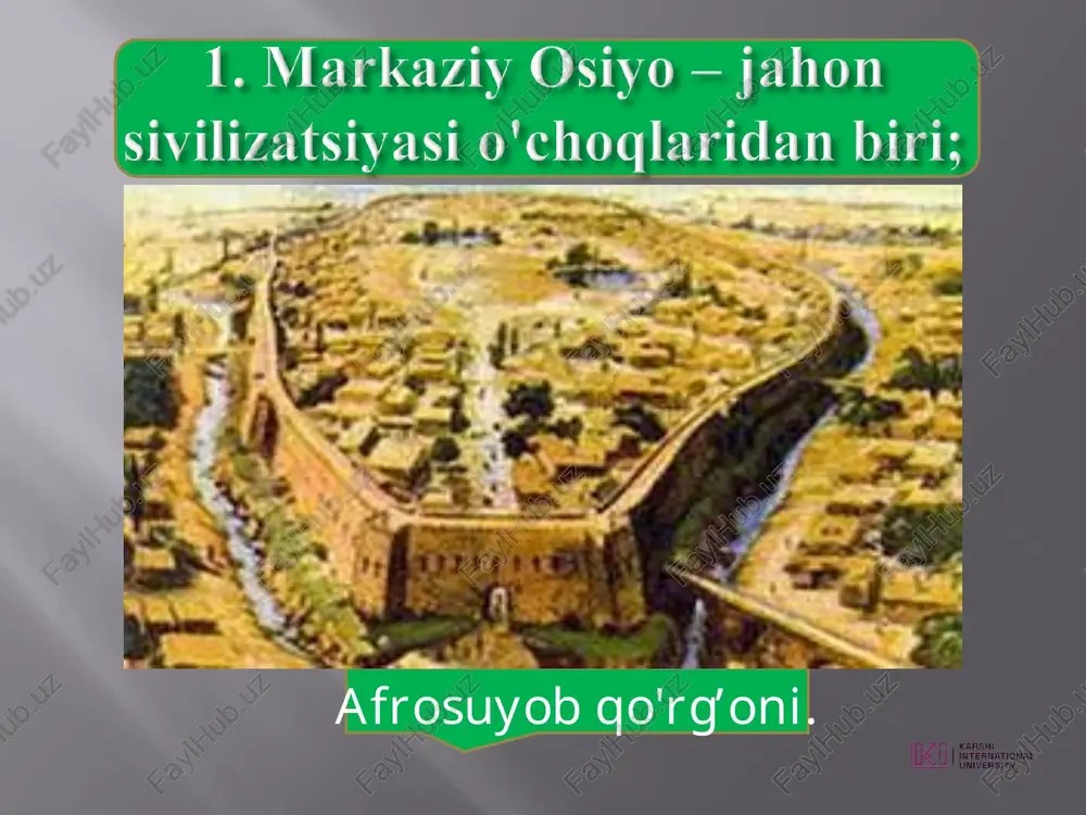 gilmas kuch. – toshkent: ma’naviyat, 2008. 2. karimov i.a. o’zbekiston mustaqillikka erishish ostonasida. – toshkent: o’zbekiston, 2011. 3. mirziyoyev sh. yangi 0‘zbekiston taraqqiyot strategiyasi. to‘ldirilgan ikkinchi nashri. - toshkent: “o‘zbekiston” nashriyoti, 2022. - 416 bet. 4.mirziyoyev sh. yangi 0‘zbekiston taraqqiyot strategiyasi. to‘ldirilgan ikkinchi nashri. - toshkent: “o‘zbekiston” nashriyoti, 2022. - 416 bet. 5.o‘zbekistonning eng yangi tarixi xrestomatiyasi. mas’ul muxarrir: a.sabirov, s.po‘latova. – toshkent, 2014. 6 o‘zbekistoning eng yangi tarixi mas'ul muharrir; yu.a..ergasheva – 2021 o‘zbekistonda mustaqillik gsoyalarining tarixty asoslari. <i karshi i} international university 4, vlarkaziy osiyo — jabon sivilizatsiyasi o’choqlaridan birk o’rta ostyo hududidagi qadimgi davlatlar qadimgi baqtriya, so'gd va xorazm kushon, qang’va davan eftallar va xioniylar davlati - qadimgi baqtriya qadimgi qang’ davlati a qadimgi davan davlati iedr 0. = 5 ee a me qadimgi kushon davlati eftallar va xioniylar davlati spitemen—makedoniyalik aleksandrga gqarshi kurashgan so'g’diyona qahramoni. spitamen to'maris—forslar shohi kir ll ga qarshi kurashgan ayol. shiroq—forslar shohi …