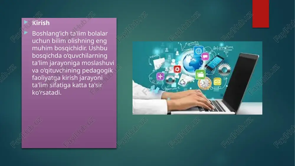 loqa qilish; ta'lim-tarbiyaning birgalikda olib borilishi muhim ahamiyatga ega. asosiy yo‘nalishlar: boshlang‘ich sinf o‘qituvchisining kasbiy faoliyatiga tayyorgarligi pedagogik faoliyat tushunchasi kasbiy malakani shakllantirish bosqichlari o‘qituvchining shaxsiy fazilatlari boshlang‘ich sinf o‘qituvchisi faoliyatining asosiy yo‘nalishlari ta'lim-tarbiya jarayonini tashkil etish o‘quvchilar bilan muloqot o‘rnatish innovatsion texnologiyalardan foydalanish pedagogik faoliyat tushunchasi pedagogik faoliyat – bu o‘qituvchi tomonidan o‘quvchilarga ma’lum bilim, ko‘nikma va malakalarni o‘rgatish, ularning ma’naviy-axloqiy rivojlanishini ta’minlash jarayonidir. ushbu faoliyat jarayonida o‘qituvchi o‘quvchilarning qobiliyatlarini aniqlaydi, ularga yo‘l-yo‘riq ko‘rsatadi va ijodiy fikrlashni rivojlantiradi. 2. boshlang‘ich sinf o‘qituvchisi uchun zaruriy kasbiy malakalar boshlang‘ich sinf o‘qituvchisi uchun zarur bo‘lgan asosiy kasbiy malakalar quyidagilardan iborat: o‘quvchilar bilan muloqot qilish va ularni tushunish ko‘nikmasi; pedagogik texnologiyalar va metodlarni samarali qo‘llay olish; ta’lim jarayonini boshqarish va darslarni samarali tashkil etish; innovatsion yondashuvlardan foydalanish. boshlang‘ich sinf o‘qituvchisining pedagogik faoliyatidagi asosiy yo‘nalishlar 1. ta’lim-tarbiya jarayonini tashkil etish boshlang‘ich sinf o‘qituvchisi o‘quvchilarning dastlabki bilimlarini shakllantiradi. bu jarayonni samarali tashkil qilish uchun quyidagi …