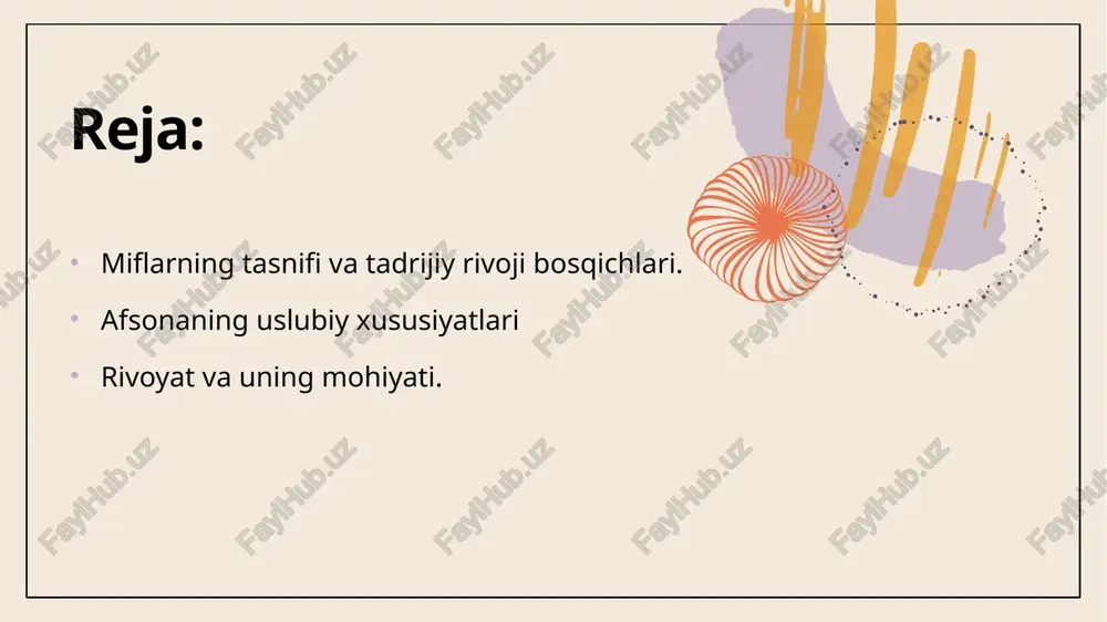 uzlarning hammasida ramziy ma’nolar mujassamlashgan. 8 «animizm» lotin tilidagi «anima»dan olingan bo‘lib, ilmiy adabiyotlarda jon, ruh ma’nosini anglatishi ta’kidlanadi. animizmga binoan qadimgi ajdodlarimiz dunyodagi hamma narsaning joni bor, deb bilganlar. ibtidoiy davrda inson tana va ruhdan iborat hisoblangan. 9 m.i.steblin-kamenskiyning ta’kidlashicha, «mif – bu muayyan voqelik bayoni bo‘lib, unda hikoya qilingan voqea-hodisa nechog‘lik uydirma bo‘lmasin, yaratilgan va yashab kelgan joyida u hamisha haqiqat, real voqelik ifodasi sifatida qabul qilingan. 10 mahmud koshg‘ariy o‘z asari uchun material to‘plaganida turkiy qabilalarning mifologik tasavvurlarini ham sinchiklab o‘rgangan. zero, «devon»da qush tuxumidanchiqqan it – «baroq» to‘g‘risidagi mif hamda, oltin qoziq (temir qoziq) yulduzlari haqidagi samoviy qarashlar keltirilganligi ham shu fikrni tasdiqlaydi. ajdodlarimizning olam, tabiat hodisalari va ijtimoiy hayot xususidagi qadimiy fantastik tushunchalarini o‘zida aks ettirgan miflar quyidagi turlarga bo‘linadi. ibtido haqidagi miflar (olamning yaratilishi va yerda hayotning paydo bo‘lishi to‘g‘risidagi miflar); samoviy miflar (osmon jismlari va tabiat hodisalarining paydo bo‘lishi haqidagi miflar; 12 3) …