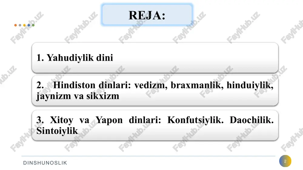 lgʻon guvohlik bermaslik; yaqinlarning narsalariga koʻz olaytirmaslik. 6 dinshunoslik yahudiylik manbalari 7 dinshunoslik “chiqish” “levit” “sonlar” “ikkinchi qonun” “borliq” yoki “ibtido” tavrot (tora) musoga tegishli boʻlgan besh kitobni oʻz ichiga oladi.bular: talmud (lameyd) yozma manba bolib, unda: yahudiylik marosimlari tizimi bayon etilgan. unda yahudiylar amal qilib, bajarishi lozim boʻlgan 248 ta buyruq, 365 ta taqiq mavjud. 8 dinshunoslik 8 yahudiylarning bayram va marosimlari peysax (pasxa) shabuot rosh-ashona yom-kipur purim nikoh marosimi shanba kunini nishonlash xatna marosimi roʻza markaziy osiyoda yahudiylar 9 dinshunoslik miloddan avvalgi 722 yilda isroil podshohligi ossuriya tomonidan, miloddan avvalgi 586 yilda esa bobil davlati tomonidan bosib olingach, yahudiy xalqining bir qismi o‘lkadan haydab chiqarildi. bu esa yahudiylarning osiyo o‘lkalari bo‘ylab tarqalib ketishiga sabab bo‘ldi. yahudiylar o‘rta osiyoda so‘g‘diyona davlati davrida, ya’ni miloddan avvalgi ii asrda paydo bo‘ldilar. ular eron orqali marvga kelib, so‘ng u erdan buxoro, samarqand, shahrisabz va boshqa shaharlarga tarqaldilar. hindiston dinlari: vedalar hind adabiyoti …
