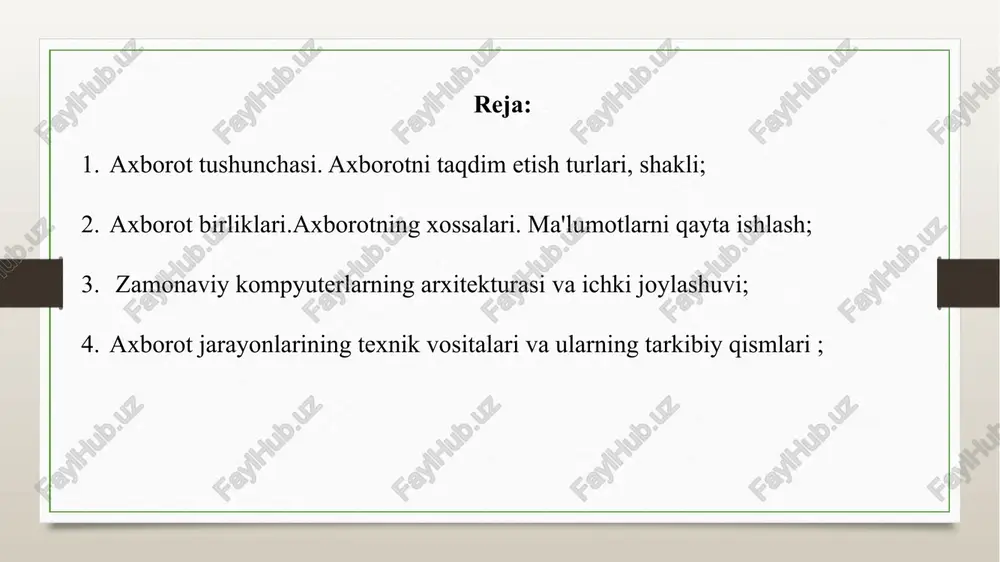 ma'lumotlar birliklari ham keng qo'llaniladi : 1 kilobayt (kb) = 1024 bayt = 2 10 bayt, 1 megabayt (mb) = 1024 kb = 2 20 bayt, 1 gigabayt (gb) = 1024 mb = 230 bayt . so'nggi paytlarda qayta ishlangan ma'lumotlar hajmining o'sishi tufayli hosila birliklar: 1 terabayt (tb) = 1024 gb = 2 40 bayt, 1 petabayt (pb) = 1024 tb = 250 bayt . 1 ekzobayt ( ebayt ) = 1024 pb = 260 bayt. 1 zetabyte ( zbayt ) = 1024 ebayt = 270 bayt . 1 yotabyte ( ybyte ) = 1024 zbayt = 280 bayt. axborot, agar u ishlarning haqiqiy holatini aks ettirsa, ishonchli hisoblanadi . ishonchli ma'lumotlar vaqt o'tishi bilan ishonchsiz bo'lib qolishi mumkin, chunki u eskirish xususiyatiga ega, ya'ni ishning haqiqiy holatini aks ettirishni to'xtatadi. agar ma'lumot tushunish va qaror qabul qilish uchun etarli bo'lsa, to'liq hisoblanadi . to'liq bo'lmagan va ortiqcha ma'lumotlar …