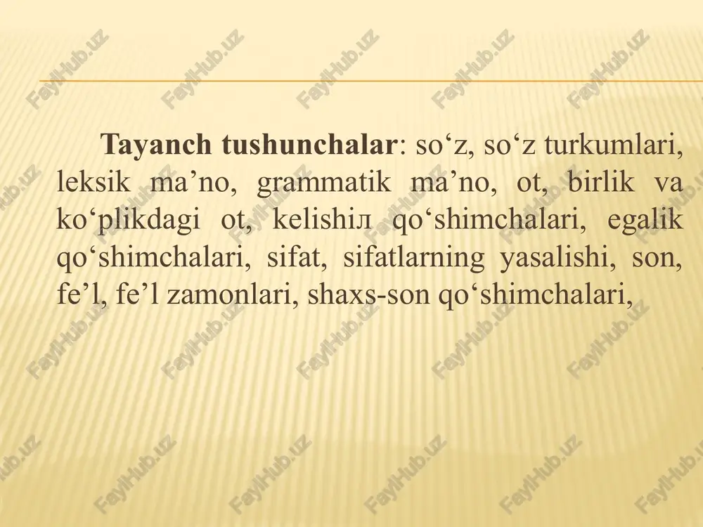 .o‘zgarmaydi. 3.o‘zgarmaydi. 3. ular birlik va ko‘plikda bo‘ladi. 3. bo‘lishli va bo‘lishsiz shaklda qo‘llanadi. 4.egalik qo‘shimchalari bilan o‘zgaradi. 4.gapda ikkinchi darajali bo‘lak vazifasida keladi. 4. gapda ikkinchi darajali bo‘lak vazifasida keladi. 4.kishilik olmoshiari kelishik qo‘shimchalari bilan qo’llanadi. 4.shaxs-son qo‘shimchalari bilan tuslanadi. 5.kelishik qo‘shimchalari bilan turlanadi. 5.sifatlar yasaladi. 5.sonlar yasalmaydi. 5.ular gapda bosh va ikkinchi darajali bo‘laklar vazifasida keladi. 5. uch zamonni bildiradi. 6. gapda ega yoki ikkinchi darajali bo‘lak vazifasida keladi. 6. olmoshlar yasalmaydi. 6. gapda kesim vazifasida keladi. 7. otlar yasaladi. 7. fe’llar yasaladi. boshlang‘ich sinf o‘quvchilari so‘z turkumlari (ot, sifat, son, olmosh, fe’l) bilan umumiy tanishtirilgandan so‘ng har bir leksik-grammatik guruh alohida o‘rganiladi. bu so‘z turkumlarini o‘rganishning boshlang‘ich bosqichidayoq ularni taqqoslashga qulay sharoit yaratadi va shakllantiriladigan grammatik tushunchaning asosiy tomonlarini aniqroq ajratishga imkon beradi. boshlang‘ich sinf o‘quvchilari ot, sifat, son, fe’lning quyidagi xususiyatlarini bilib oladilar: - so‘z nimani bildirishi (shaxs, narsa, belgi, miqdor va tartib, harakat yoki holat); …