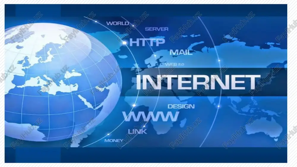 va hokazo ko'rinishdagi axborotlar majmuasidan tashkil topgan. internet bilan bog'lanish oddiy telefon liniyasi orqali internetga bog'lanish mobil telefon orqali internetga bog'lanish agar internet o’chsa, nima bo’ladi? kompyuter tarmoqlarini qurishda va ularda ma’lumotlarni uzatish jarayonlarini amalga oshirishda ochiq tizim iborasidan foydalanilgan. ochiq tizim deb – ochiq spetsifikatsiyalarga asosan qurilgan har qanday tizimni aytish mumkin. masalan – kompyuter tarmog’i, kompyuter, operatsion tizim, dasturiy paketlar, boshqa-boshqa apparat va dasturiy mahsulotlar. internet tarmog'i vazifasi va undan foydalanish maqsadlari internet tarmog'inig vazifasi internet tarmog'i abonetlariga veb-hujjatlarni o'qish, elektron pochta, fayl uzatish va qabul qilish, muloqotda bo'lish, tarmoqda hujjatlarni saqlash va ular bilan ishlash xizmatini ko'rsatish. internet tarmog'idan axborotlarni almashish, masofaviy ta'lim olish, konferentsiyalar o'tkazish, veb-saytlarni tashkil etish, elektron pochtani joriy qilish, muloqot o'rnatish va shu kabi maqsadlarida foydalaniladi. 24 intranet boshqa kompyuter tarmoqlaridan quyidagi jixati bilan farqlanadi: bir yoki bir nechta serverdan tashkil topgan tarmoq mijozi undagi ma'lumotlardan foydalanish uchun ularning qaysi serverda, qaysi katalogda, …