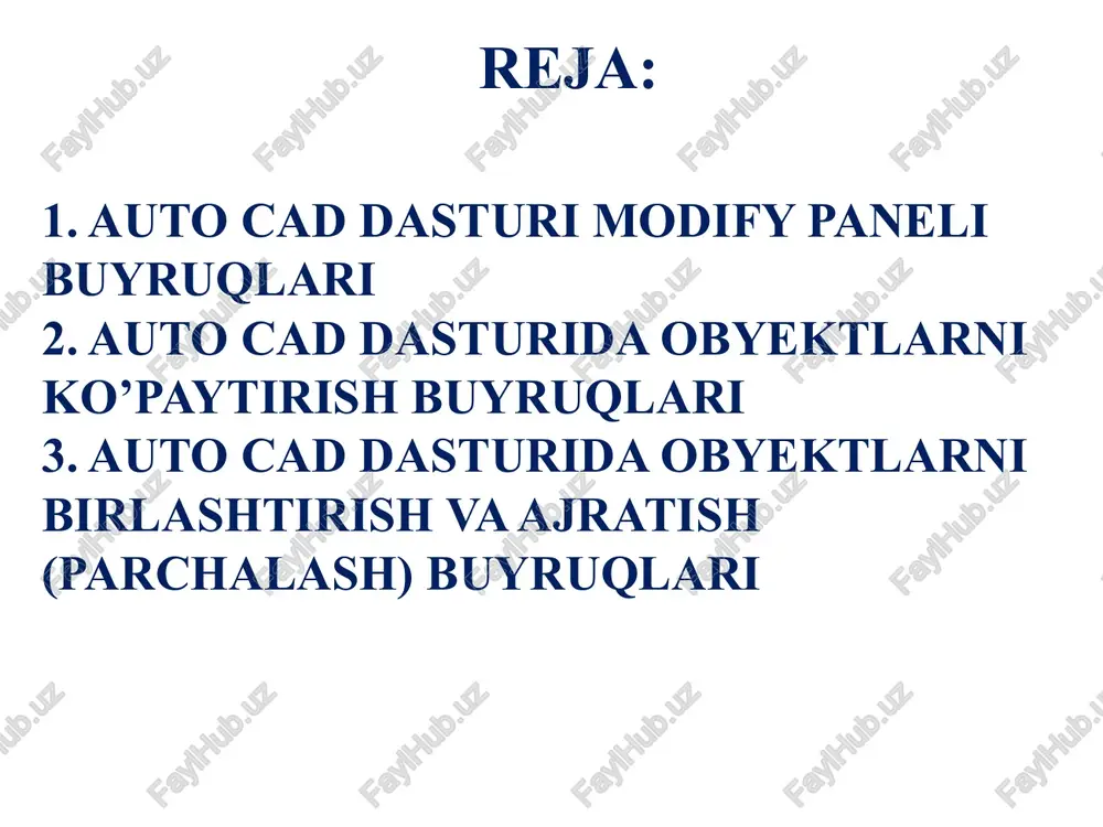 ug’i 3. polar array obyektlarni aylana bo’ylab ko’paytirish uchun ishlatiladi. 3. polar array aktivlashtiriladi, obyekt tanlanadi enter, markaz ko’rsatiladi, soni kiritiladi enter. izoh: obyekt aylanada joylashgan bo’lishi kerak. 1 2 3 move buyrug’i move buyrug’i obyektlarni siljitish uchun ishlatiladi. move aktivlashtiriladi, obyekt tanlanadi enter, obyektni ushlab ixtiyoriy joyga qo’yiladi yoki masofa kiritiladi. move buyrug’i f8 yoqilgan holatda faqat to’g’ri chiziq bo’ylab ko’chiriladi. rotate buyrug’i rotate- buyrug’i obyektlarni ma’lum burchakka burish uchun ishlatiladi. rotate aktivlashtiriladi, obyekt tanlanadi enter, tayanch nuqta ko’rsatiladi va burchak o’lchovi kiritiladi. scale buyrug’i scale buyrug’i obyektlarni kattalashtirish(5.0) va kichiklashtirish (0.5) uchun ishlatiladi. scale aktivlashtiriladi, obyekt tanlanadi enter, tayanch nuqta ko’rsatiladi va o’lcham kiritiladi enter. trim buyrug’i trim buyrug’i obyektlarni kesishgan qismlarini o’chirish uchun ishlatiladi. trim aktivlashtiriladi, kesishgan chiziqlardan qoladiganlari tan-lanadi enter yoki probel va keraksiz chiziqlar tanlanadi. trim aktivlashtiriladi, probel va keraksiz chiziqlar tanlanadi. extend buyrug’i extend buyrug’i chiziqlarni yetkazib qo’yish uchun ishlatiladi. extend aktivlashtiriladi, chiziq tanlanadi …