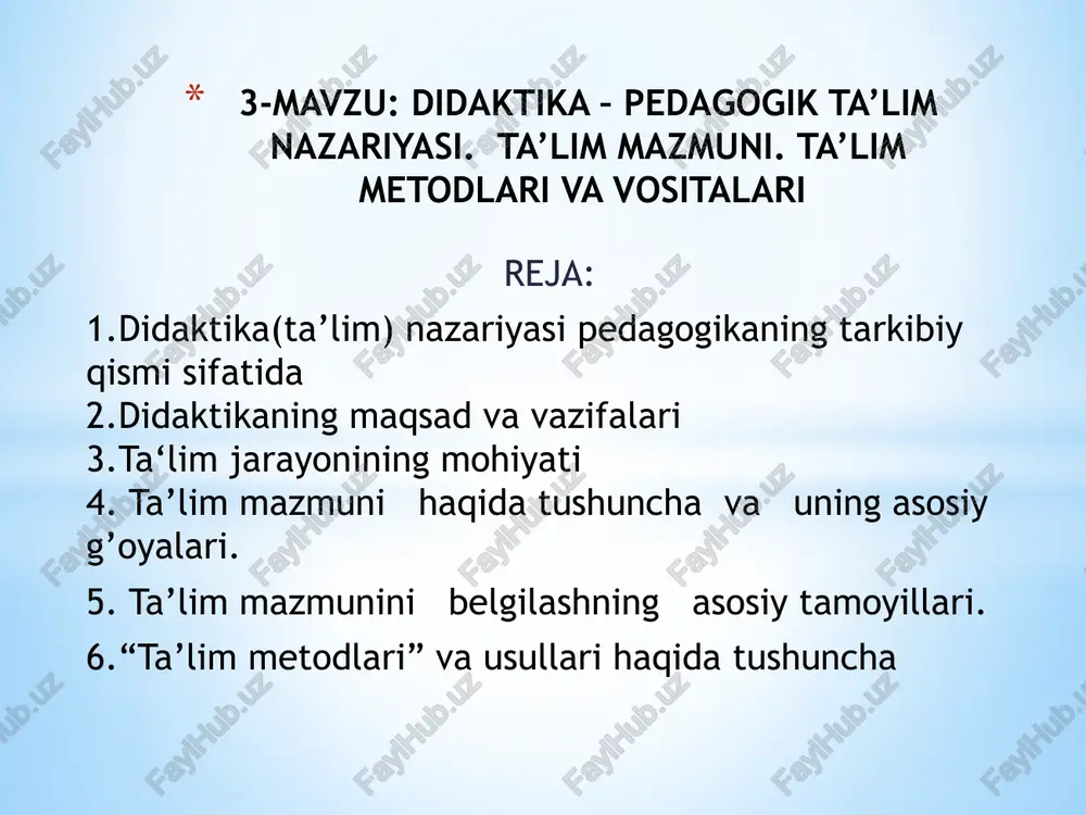 yaratib pedagogikada birinchilardan bo‘lib «tarbiyalovchi ta’lim» nazariyasini yaratdi. nemis pedagogi a.disterveg (1790-1866) o‘qitish tamoyillarini madaniyatga moslab o‘qitish, mustaqil o‘qitish usullari bilan boyitdi. amerikalik olim d. dyui (1859-1952) asosiy e’tiborni ta’lim jarayonida bolani faolligiga, qobiliyatini shakllanishiga qaratgan va didaktikada muammoli ta’lim nazariyasiga asos soldi. ta’kidlash joizki, didaktikani rivojlanishida o‘rta osiyoda yashab ijod etgan mutafakkirlar beruniy, forobiy, ibn sino, zarnudjiy, ulug‘beklarning o‘rni beqiyosdir. didaktikani fan sifatida rivojlanishida k. ushinskiy, v.okon, ch. kupesevich, m.a. danilov, m. skatkin, i.ya. lerner, g.klinberg, yu.k.babanskiylarning xizmatlari beqiyosdir. didaktikani fan sifatida rivojlanishida k. ushinskiy, v.okon, ch. kupesevich, m.a. danilov, m. skatkin, i.ya. lerner, g.klinberg, yu.k.babanskiylarning xizmatlari beqiyosdir. respublikamizda didaktikani rivojlanishiga o. roziqov, b. adizov, n.sayidahmedov, m. ochilov, k. zaripov, r. safarova, f. yuzlikayev, o‘.tolipovlar o‘z hissalarini qo‘shdilar. birinchi bosqich — ya.a. komenskiygacha bo‘lgan davr. bu davr ilmiy asoslanganlik davri sifatida xarakterlanadi. ikkinchi bosqich — ya.a. komenskiydan kibernetikani (jarayonlarni boshqarish nazariyasi) paydo bo‘lgungacha bo‘lgan davr. bu davr asosiy qonun …