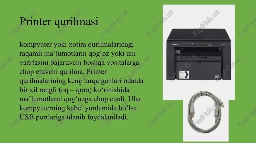 irish va qog‘ozni to‘g‘ri joylashtirish quyidagi printer turlaridan qaysi biri eng tejamkor hisoblanadi? inkjet printer lazer printer 3d printer 3d printer nima uchun ishlatiladi? raqamli suratlarni chop etish uch o‘lchamli obyektlarni yaratish hujjatlarni skanerlash yutqazdingiz orqaga image1.jpeg image2.jpeg /docprops/thumbnail.jpeg ltajriba ishi ‘mavzu: printer va faksni sozlash, tarmog printerini o‘mmatish ‘ishdan magsad: printerlar va ulaming turlari hagidagi bilim ko‘nikma smalaka va kompetensiyalami rivojlantirish
