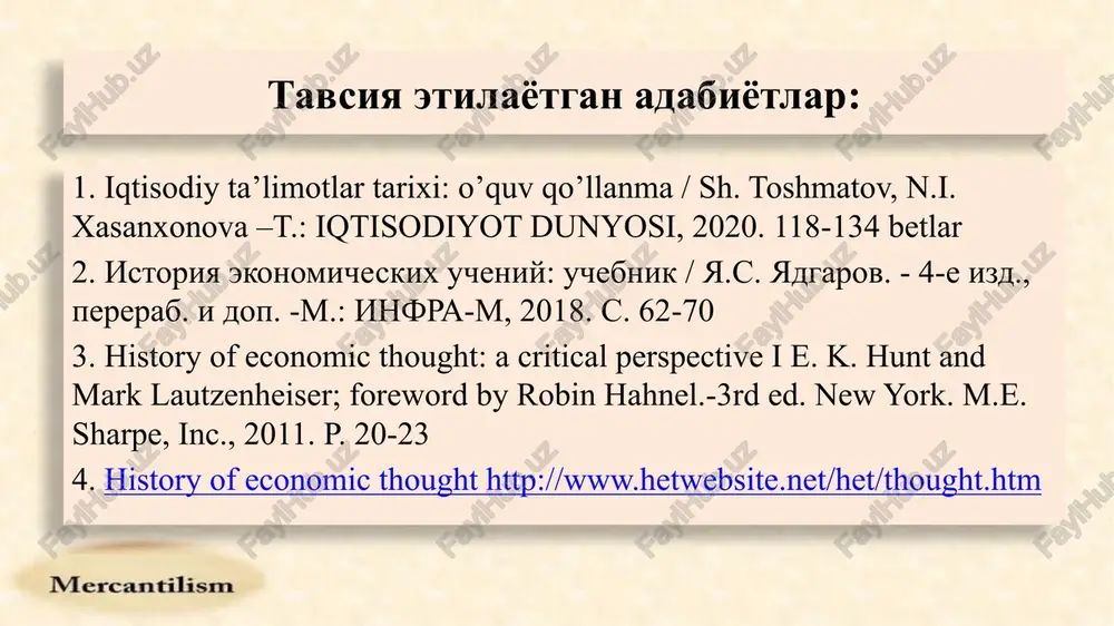 lat amaldorlari tomonidan shakllantirilgan. frantsiyada merkantilizm «kolbertizm» (jan-batist kolber, frantsuz moliya vaziri) germaniyada esa «kameralizm» (qirol palatasining nemischa nomi) nomi bilan mashhur. merkantilizm ta'limoti ushbu guruh amaliyotchilar tomonidan yozilgan turli broshyuralar, tadqiqotlar va traktatlar asosida rivojlangan. merkantilizmning rivojlanish bosqichlari bullionizm – mamlakat boyligini qimmatbaho metallar miqdori orqali ifodalash. bullionistlar – bu ilk merkantilizmning sodda shakli. bullionistlar qog'oz pullarni oltinga erkin almashtirish tarafdorlari merkantilizmning ingliz-golland va frantsuz-nemis yo'nalishlari savdo orqali boyish va davlat o'rtasidagi o'zaro bog'liqlikni tan olishdi: savdoning rivojlanishi katta daromad va davlat hokimiyatini anglatgan davlat foydali savdo yo'llarini ta'minlagan va savdogarlar uchun monopoliya huquqini bergan. angliyada merkantilizm ta'limotining rivojlanish bosqichlari: «bullionizm» - 1580-1620 yillar «an'anaviy» - 1620-1700 yillar «liberal» - 1680-1750 yillar frantsiyada kolbertizm 1660-1750 yillar oralig'i germaniyada kameralizm 1560-1750 yillar, neokameralistlar orqali esa 1800 yillarga qadar merkantilizm ta'limotining shaklanish shart-sharoitlari feodal tuzumning emirilishi tovar-pul munosabatlarining o'sishi fan va madaniyatning rivoji yangi erlarning ochilishi, buyuk geografik kashfiyotlar mustamlakachilik tizimining …
