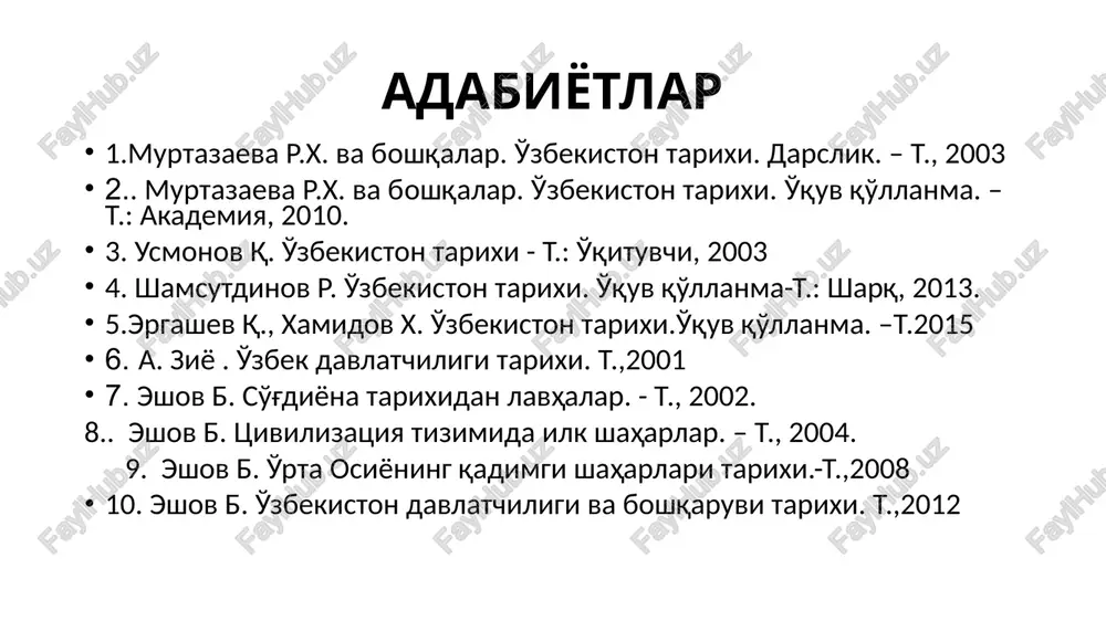 terlanadi: davlat muayyan hudud aholi boshqa davlatlar bilan tashqi aloqa hukumat o'lkamizda ilk davlatlar (mil.av. 2-ming yillikning o'rtalari) paydo bo'lishining asosiy omillari: mehnatning dastlabki yirik taqsimoti, buning natijasida ijtimoiy-iqtisodiy o'zgarishlar: ortiqcha mahsulot, mulkiy tengsizlik; jamiyat va davlatning bosh yacheykasi hisoblangan oilaning yuzaga kelishi. ota urug'i-patriarxat davridan (mil.av. 3-ming yillik) boshlab urug'chilik munosabatlarining o'zgarishi. o'lkamizda ilk davlatlar (mil.av. 2-ming yillikning o'rtalari) paydo bo'lishining asosiy omillari: “avesto” ma'lumotlariga ko'ra, o'rta osiyoda jamiyatning asosini katta patriarxal oilasi tashkil etgan. bu “nmana” deb atalgan. shunday oilaning bir nechtasi urug' jamoasini – “vis” ni tashkil etgan. hududiy qo'shnichilik jamoasi “varzana” deb atalgan. bunday jamoalar birlashib qabilani – “zantu” ni tashkil etgan. viloyatlar - dahyo (yu) degan nom olgan.viloyatlarni boshliq- qavi boshqargan. image1.jpeg image2.png image3.png image4.png image5.png image6.png image7.jpeg image8.png image9.png image10.jpeg image11.png image12.png image13.png image14.png image15.png image16.jpeg image17.png image18.png image19.png image20.png image21.png image22.png image23.png image24.png image25.png image26.png image27.png image28.png image29.jpeg image30.png image31.png munojjah abeanm vii …