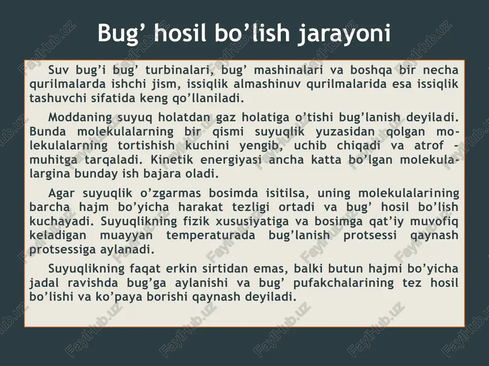 gan qaynayotgan suyuqlik temperaturasiga teng bo’ladi. qaynash sodir bo’ladigan temperatura bilan bosim bir-biriga bog’liqdir. ular to’yinish temperaturasi va bosimi deyiladi va bilan belgilanadi. suyuqlik qaynaydigan bosim qanchalik yuqori bo’lsa, qaynash temperaturasi ham shuncha yuqori bo’ladi. temperaturasi va bosimi to’yinish bosimi bilan temperaturasi­ga teng, lekin tarkibida suv zarralari bo’lmagan bug’ quruq bug’ deyiladi. suyuqlikka tegib turgan va uning ustidagi bo’shliqni to’yinti­radigan bug’ to’yingan nam bug’ deyiladi. to’yingan nam bug’-bug’ bilan juda mayda suv tomchilari aralashmasidir. bug’dagi suyuqlik zarralarining miqdori bug’ning quruq yoki namlik darajasini bel­gilaydi. quruq to’yingan bug’ massasini to’yingan nam bug’ massasi yig’indisiga (bug’ va suyuqlik aralashmasi) nisbati x bilan belgila­nadi va bug’ saqlami yoki bug’ning quruqlik darajasi deyiladi. nam bug’dagi qaynayotgan suyuqlikning massasi ulushiga bug’ning namlik darajasi deyiladi va u bilan belgilanadi. u = 1 - x agar x = 0,6 bo’lsa, u holda u = 1 - 0,6 = 0,4 bo’ladi, to’yingan nam bug’ 60% quruq bug’ bilan …