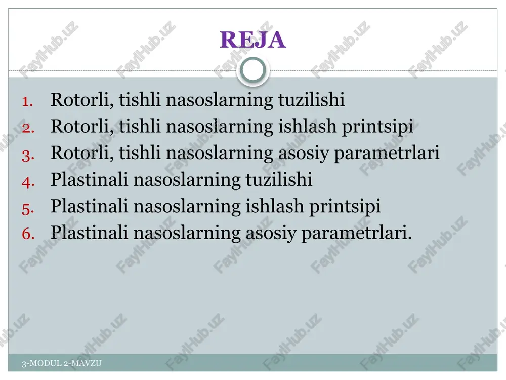 ndrlar aksial joylashgan bo’lsa – aksial – porshenli nasoslar bo’ladi. 3-modul 2-mavzu rotorli nasoslarning tuzilishi shesternyali nasoslarning tuzilishi juda sodda. oddiy shesternyali nasoslarning asosiy ish detallari ikkita bir xil shesternyadan iborat bo’lib, ular o’zaro ilashgan va korpus 2 ishiga joylashtirilgandir. yetaklovchi shesternya harakatni dvigateldan oladi. nasosda ikkita qopqoq bo’lib, ularda yetaklovchi va yetaklanuvchi valiklar podshipnik va salniklar bilan ta’minlangan. nasos korpusida ikkita teshik bo’lib, bittasi (s) so’rish teshigi shesternya tishchalari o’zaro ajralayotgan tomonda, ikkinchisi (h) - haydash teshigi teskari tomonda (tishchalar birikayotgan tomonda) bo’ladi. 3-modul 2-mavzu tishli (shesternyali) nasoslar tishli (shesternyali) nasoslar ichki ilashuvchan tashqi ilashuvchan 3-modul 2-mavzu tishli (shesternyali) nasoslar 3-modul 2-mavzu shesternyali nasoslar tashqi va ichki ilashuvchi qilib yasaladi. tashqi ilashuvchi nasoslar ko’p ishlatiladi. ichki ilashuvchi kompakt nasoslar kichik qurilmalarda ishlatiladi. shesternyali nasoslar hosil qilgan bosimiga qarab past (10 k/sm2 gacha), o’rtacha (30 kg/sm2 gacha) va yuqori (100 kg/sm2) bosimli bo’ladi. past bosimli nasoslar stanok va mashinalarning moylash–sovitish …