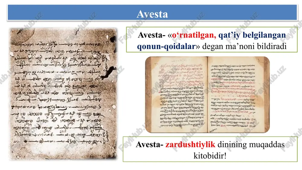 zulqarnayn «avesta» qismlari jamlanib, pahlaviy tilida yangidan kitob holiga keltirilgan. saqlangan qismi gotlar yasna yashtlar vispirad vandidot kichik avesta avesta- ko`p xudolik dini. axura mazda- ezgulik, yorug'lik, yaxshilik, baxt-iqbol xudosi axriman- yomonlik, yovuzlik, qorong'ulik, razolat timsoli avesta- ko`p xudolik dini. anaxita (nohid)- hosildorlik xudosi mitra- quyosh xudosi zardushtiylikning muqaddas unsurlar. suv tuproq olov havo zardushtiylar jasadni yoqmaydi, ko`mmaydi, suvga tashlamaydi va ochiq havoda odamlar orasida qoldirmaydi. tog`larda qoldirilgan jasad suyagini ossuariyga solib qo`yadi. ossuariy (ostadon) mery boys a. dyuperon mery boys- ingliz olimi hindlar orasida 10 yil yashab, zardushtiylik dini qoidalarini o`rganadi a. dyuperon- fransuz olimi avestani tarjima qildi. zardushtiylar ibodatni ochiq osmon ostida, gulxan atrofida o`tkazishgan. vatanimizda «avesta»ning 2700 yilligi nishonlanishi munosabati bilan u ilk bor o'zbek tiliga tarjima qilinib, 2001 - yilda nashr etildi. xorazmda zardushtiylikka haykal o`rnatildi image1.png image2.jpeg image3.jpeg image4.jpeg image5.jpeg image6.png image7.jpeg image8.jpeg image9.jpeg image10.jpeg image11.jpeg image12.jpeg image13.jpeg image14.jpeg image15.png image16.jpeg image17.jpeg image18.jpeg image22.jpeg image19.jpeg …