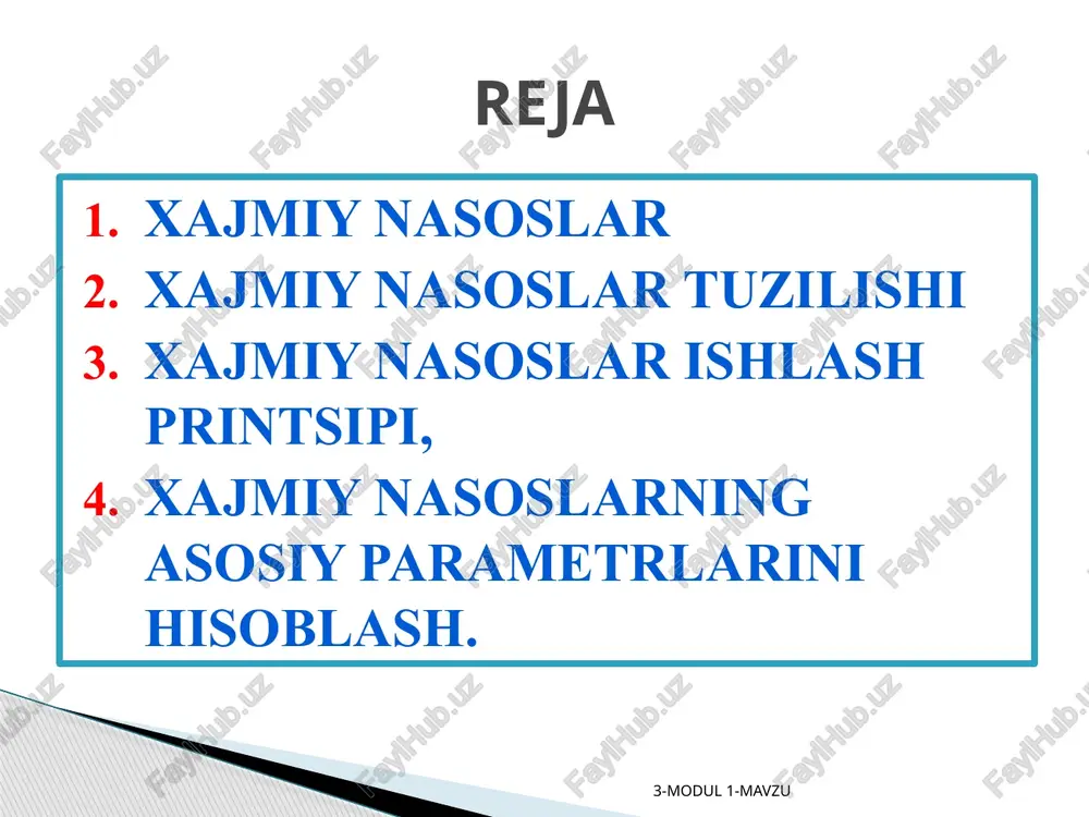 shinalardir. xajmiy nasoslar 3-modul 1-mavzu xajmiy nasoslar klassifikasiyasi 3-modul 1-mavzu porshenli va plunjerli nasoslarning tuzilishi 3-modul 1-mavzu porshenli nasos qurilmasining eng sodda sxemasi rasmda keltirilgan. bu nasoslarda suyuqlikning so’rilishi va haydalishi porshen yoki plunjerning silindrda ilgarilama-qaytma harakatiga asoslangan. bunda porshen 3 yoki plunjer 3 tarkibida shtok 2 bo’lgan krivoship-shatunli mexanizm 1 yordamida harakat qiladi. porshen (plunjer) silindr ichida qaytma (orqaga) harakat qilganida uning oldidagi ish bo’lmasining hajmi ortib siyraklanish hosil bo’ladi. bu siyraklanish ma’lum bir chegaraga yetganida ish bo’lmasidagi bosim bilan tirgak klapan 7 ostidagi xrapovikda bo’lgan bosim orasidagi farq so’rish klapani 4 ni oshadi va suyuqlik so’rish trubasi 6 orqali ish bo’lmasiga kiradi. so’rish jarayoni porshen (plunjer) o’zining eng chekka so’rish chegarasiga yetguncha davom etadi. porshenli va plunjerli nasoslarning tuzilishi va ishlash prinsipi 3-modul 1-mavzu yuqorida aytganimizdek porshenli nasoslar yuqori bosim kerak bo’lgandagina ishlatiladi. amalda, ko’p hollarda, porshenli nasoslar markazdan qochma nasoslarni siqib chiqaradi. hajmiy gidrouzatmalar tarkibida ishlayotgan nasoslar …
