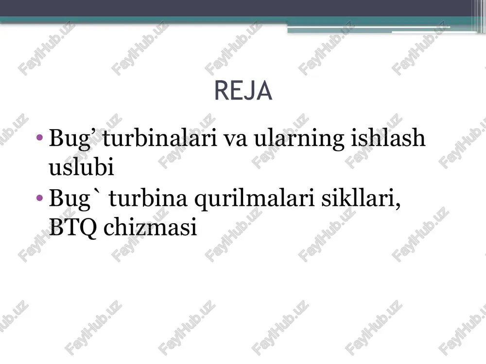 elib tushib, u erda bug’ning bosimi kamayib tezligi ortadi (ya'ni issiqlik energiyasi kinetik energiyaga aylanadi). shunday katta tezlik bilan bug’ soplodan chiqib turbinaning valiga o’rnatilgan ishchi parraklarga uriladi va natijada parraklar aylana boshlaydi, ya'ni harakat sodir bo’ladi, kinetik energiya mexanik energiyaga aylanadi. aktiv turbinaning ishlash uslubini ko’rib chiqamiz. turbinaga kelayotgan bug’ning boshlang’ich bosimi - ro soplodan chiqayotgan bug’ning bosimi - - r1 tezligi esa s1 ga teng bo’ladi. bug’ turbinaning birinchi pog’onasidan uning qo’zg’almas qismida joylashtirilgan yo’naltiruvchi parraklar yordamida ikkinchi pog’onaga, so’ngra keyingi pog’onalarga o’tib harakatini davom ettiradi. rasmda uchta tezlik pogonasiga ega bulgan aktiv turbinaning chizma tasviri keltirilgan. bug’ ro bosim bilan soploga yuboriladi. bu erda uning potentsial energiyasi kinetik energiyaga aylantiriladi. s1 tezlik bilan soplodan chiqib, bug’ birinchi qator ishchi parraklarga kelib tushadi, bu erda uning kinetik energiyasi ishga aylanadi. shunda uning yo’nalishi o’zaradi. aktiv turbina s2 tezlik bilan birinchi pog’ona ishchi parraklaridan chiqib, bug’ birinchi qator yo’naltiruvchi …