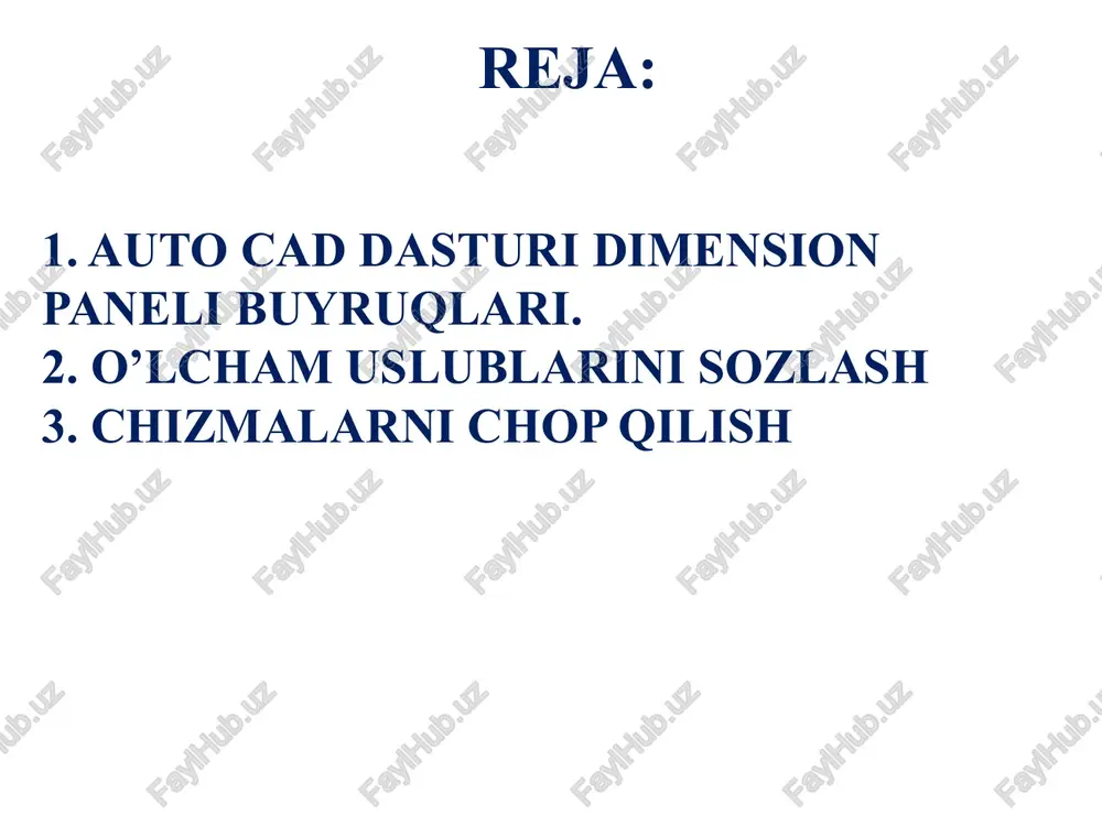 6 7 8 8. bu buyruq chiziqlar orasidagi barcha chiziqlar orasidagi o’lchamni aks ettirish uchun ishlatiladi. buyruqni tanlab chiziqlar tanlanadi, enter va ma’lum masofaga qo’yiladi. qdim-klaviaturadan dimension paneli ordinate buyrug’i 1. 2. 3. 7 8 11. bu buyruq ishchi oynada ko’rsatilgan nuqtani koordinasini aniqlaydi. x va y o’qlar bo’yicha. 11. dimension paneli baseline buyrug’i 1. 2. 3. 7 8 12. bu buyruq chizmada bazaviy nuqta bo’yicha qolgan o’lchamlarni aniqlaydi. 11. 12. 13. dimension paneli continue buyrug’i 1. 2. 3. 7 8 13. bu buyruq chizmada parallel chiziqlarni ketma-ket o’lchamlarini aniqlaydi. boshlang’ich o’lcham asosida davomettiriladi. 11. 12. 13. dimension style (d-probel) lines symbols and arrows text primary units chizmalarni chop qilish auto cad dasturida chizmalarni chop qilish uchun (ctrl+p) tugmalari bosiladi. 1. window buyrug’i orqali chop qilinadigan soha ko’rsatiladi. 2. chizmani qog’ozda joylashishi ko’rsatiladi. 3. oynadan qog’oz o’lchami tanlanadi. 4. qog’ozda to’liq yoki to’liqmas joylashishi ko’rsatiladi. 5. printer tanlanadi yoki rasm …