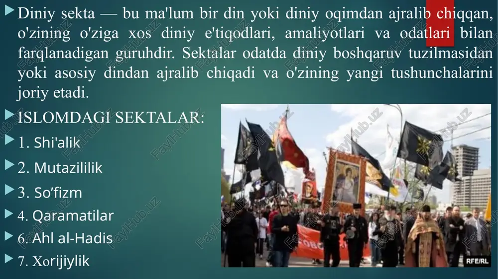 haydamagan insonlar bilan yaxshi muomala qilishga va adolatli bo‘lishga buyuradi. albatta, alloh adolatli bo‘lganlarni sevadi.“ muhammad (s.a.v.)ning hadislaridan : "agar siz boshqa din vakili bilan muloqotda bo‘lsangiz, ularni hurmat qilish va ular bilan yaxshi munosabatda bo‘lish juda muhimdir.“ injil, rimliklarga 12:18 – "agar mumkin bo‘lsa, siz bilan bo‘lgan barcha odamlar bilan tinchlikda yashashga harakat qiling." 2-reja: bahoiylik asoschisi: baha'ulloh (sayid ali muhammad) tomonidan asos solingan. baha'ulloh (1817–1892) eronda aristokratik oilasidan edi. paydo bo'lishi: bahoiylik harakati 1844-yilda boshlanadi. bu vaqt ichida bob (mirza ali muhammad) ismli shaxs yangi diniy harakatni boshlaydi. bob harakatni boshlagach, keyinchalik baha'ulloh (allohning jilosi) bu harakatni rivojlantirib, dunyo bo'ylab tarqatadi. qayerlarda uchraydi: bahoiylikning asosiy markazlari bugungi kunda ham eron, turkiya, aqsh, kanada, braziliya, va boshqa e'tiqod qiluvchilar soni: hozirgi kunda bahoiylik diniga 7-8 million odam e'tiqod qiladi. kitoblari: “kitobi aqdas” (eng muqaddas kitob), “kitobi iqon” (mustahkam ishonch kitobi) muqaddas ibodatxonasi: akka shahrida (kuniga 3 marta akka shahriga …