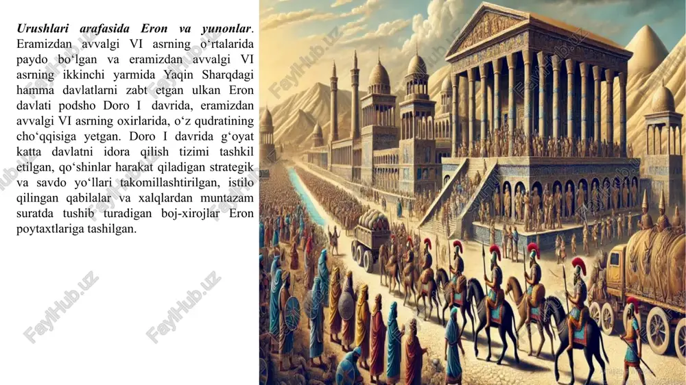 n avvalgi 513-yilda frakiya orqali shimoliy qora dengiz bo‘ylariga skiflarga qarshi yurish boshlagan. juda xilma-xil qabilalardan tuzilgan doro i armiyasi sostavida kichik osiyo yunonlarining harbiy bo‘linmalari hamda gellespont va qora dengizning yevropa qirg‘og‘idagi forslarga qaram bo‘lgan yunon shaharlaridan tuzilgan otryadlar ham bo‘lgan. eron armiyasi sostavida injener- sapyor qismlari bo‘lib, ularda tajribali yunon muhandislari xizmat qilgan. ularning yordami bilan bosvor orqali va dunay daryosi orqali ponton ko‘priklar qurilgan. shimoliy qora dengiz bo‘ylarining tabiiy sharoitlari to‘g‘risida aniq ma’lumotlarga ega bo‘lmagan doro i qo‘shinlari skiflarning asosiy kuchlarini tor-mor qilishga intilib, ehtiyotsizlik bilan qora dengiz bo‘ylaridagi suvsiz cho‘l-biyobonlarning ichkarisiga kirib ketganlar. ko‘chmanchi skiflar forslarning bosqiniga qarshi kurashda eng maqsadga muvofiq taktika tanlaganlar. ular qat’iy jangdan bosh tortib, eron armiyasi bosib kelayotgan yo‘llardagi quduqlarni va oziq-ovqat mahsulotlarini yo‘q qilganlar, forslarning o‘z asosiy kuchlaridan ajralib qolgan kichik-kichik otryadlarini qirib tashlaganlar va shunday chora-tadbirlar bilan eron armiyasini zaiflashtirib, izdan chiqarganlar. doro i bir qancha muvaffaqiyatsizliklarga uchragandan keyin …