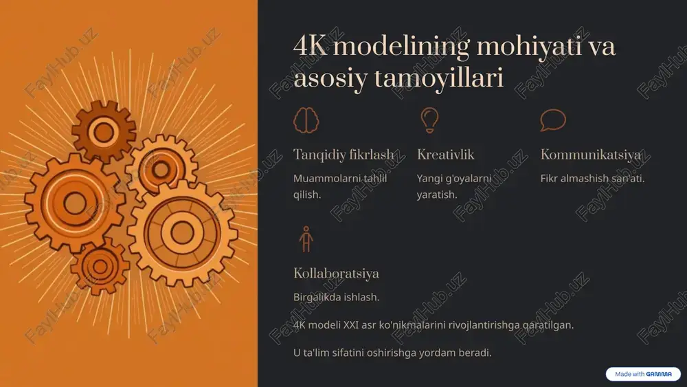usullarini qo'llash. baholash natijalarni tahlil qilish. 4k modelini joriy etish bosqichma-bosqich amalga oshiriladi. bu tizimli yondashuvni talab qiladi. 7 4k modelini baholash mezonlari va usullari tanqidiy fikrlash muammolarni hal qilish testlari. kreativlik loyihaviy ishlar bahosi. kommunikatsiya munozaralar va prezentatsiyalar. kollaboratsiya guruh ishining samaradorligi. baholash o'quvchilarning 4k ko'nikmalarini o'lchaydi. bu jarayonni yaxshilashga yordam beradi. 8 o'zbekistonda 4k modelini tatbiq etish tajribasi 100+ maktablar loyihaga jalb etilgan. 5000+ o'quvchilar ishtirok etishmoqda. 500+ o'qituvchilar maxsus tayyorlangan. o'zbekistonda 4k modelini tatbiq etish bo'yicha salmoqli ishlar qilinmoqda. bu yosh avlodni xxi asr talablari asosida tayyorlashga xizmat qiladi. 9 xulosa: 4k modelining ta'lim sifatini oshirishdagi roli bitiruvchi malakasi shaxsiy rivojlanish global raqobat 4k modeli ta'lim sifatini tubdan oshiradi. bu kelajak avlod uchun mustahkam poydevor yaratadi. 10 image1.png image11.jpeg image2.png image12.jpeg image13.png image14.png image15.png image16.png image3.png image17.jpeg image18.png image19.png image20.png image4.png image21.jpeg image22.png image23.png image24.png image5.png image6.png image25.png image26.png image27.png image28.png image29.png image30.png image7.png image31.png image32.png image33.png …