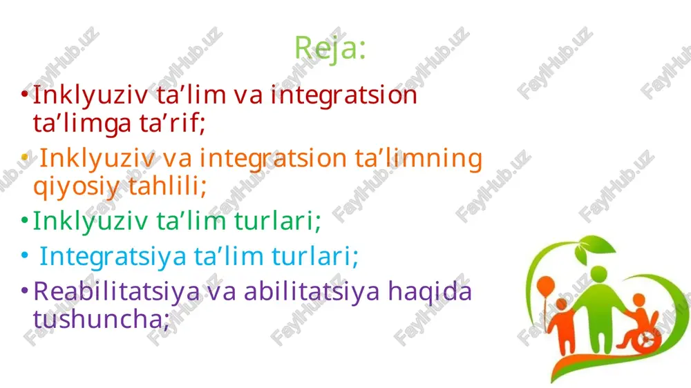 lasidagi muammolar. haqli savol tug’iladi, nima uchun maxsus ehtiyojli bolalarni inklyuziv ta’lim tizimiga jalb etish kerak? darhaqiqat, bu ta’lim tizimi oldidagi muammolarni hal etish oson kechmaydi. ammo bu ta’lim tizimining nafli jihati juda ko’p bo’lib ular sirasiga quyidagilar kiradi: inklyuziv ta’lim qashshoqlik va ajratish iskanjasidan qutilishga imkon beradi; inklyuziv ta’lim maxsus ehtiyojli bolalarning o’z oilasi va jamiyat davrasida bo’lishga imkon beradi; inklyuziv ta’lim barcha uchun ta’lim sifatini yaxshilaydi; kamsitishlarni oldini oladi. inklyuziv ta’lim quyidagi tamoyillar asosida tashkil qilinadi: inklyuziv ta’limni bosqichma-bosqich rivojlantirish; barcha bolalarning qadryatlarini tan olish tamoyili; o’quvchilarni ta’lim olish huquqini tan olish tamoyili; jamoaviy ta’lim olish tamoyili; inklyuziv ta’lim ishtirokchilarning ijtimoiy hamkorlik va sheriklik tamoyili; bilimni bola qobiliyatlariga qaratish; barcha bolalar uchun barcha resurslarning mavjudligini ta’minlash; barcha ishtirokchilarni qo’llab-quvvatlanishi tamoyili; oilaga yo’naltirilgan yondashuv tamoyili; nogironlikning tibbiy modelini bekor qilish tamoyili; xilma-xillik va individuallik olish tamoyili. inklyuziv ta’limda ilmiy tadqiqot ishlarini olib borish va ularni amalga tadbiq etish murakkab …