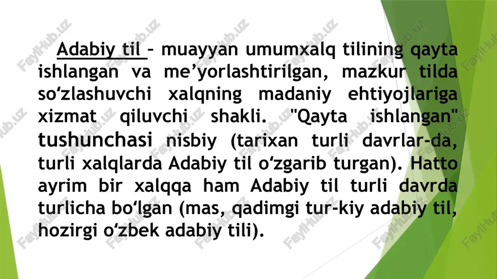 ar, san’atkorlar tomonidan ishlov berilgan, doim silliqlashtirilib, mukammallashtirilib boriladigan shaklidir. © adabiy til’shu tilda gapiruvchilarning barchasi uchun tushunarli bo'lish zararurati sababli yaratilgan. © milliy o’zbek tilida shevalarning ko’pligi adabiy tilga bo'lgan ehtiyojni yuzaga keltirgan. rasmiy hujjatlar, badiiy va ilmiy adabiyot, vaqtli matbuot adabiy tilda yaratiladi, ommaviy axborot vositalari adabiy ‘tildavish’ ko‘radi: © adabiy.til_va milliy til o’rtasida ham farq bor. milliy til shu tilning egasi bo'lgan xalq millat bo'lib shakllanganda yuzaga keladi. milliy til adabiy til vazifasini o’taydi, lekin har qanday adabiy til milliy til bo‘la olmaydi. © me’yoriylik- til vositalarini qgo'llash tizimidir. til me‘yori til tizimining barcha sathini qamrab oladi. shunga ko‘ra, leksik me’yor, to’g'ri talaffuz me’yori, to’g’ri yozish me’yori, grammatik me’yor kabilar farqianadi. © umummajburiylik- jamiyatning barcha a’zosi tomonidan adabiy tit-qo'llanishining majburiyligi. adabiy til me‘yorlariga hammaning barobar rioya qilinishi_ umummajburiylikdir. °® kodifikatsiya- til me’yoriarining ilmiy tasnifi bo‘lib, amalga oshirilgan ish, lug’at, qo‘llanma va darsliklarda qayd qilinadi. ® og’zaki_va yozma …