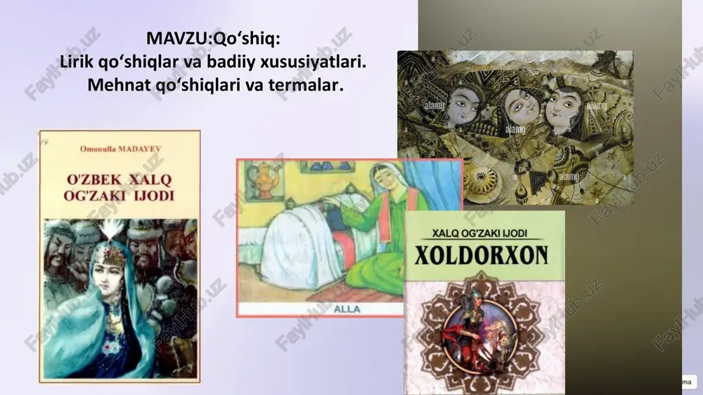 tik mohiyatga ega. 8 m.koshg’ariyning «devonu lug’otit turk» asarida shunday to’rtlik bor: turkan qatun qutyog’a, tergur menden qoshyog’ ajg’ul sizni tabug’chi, otnur jaqi tabug’. mazmuni: turkan xotun qoshig’a, mendan etkur she`r. xizmatga xodimingiz rost, deb payom ber. bu akademik a.qayumovning she`riy tabdili. chindan-da, «qoshig’» so’zi dastlab «maqtov, alqov» ma`nosida qo’llangan. 9 yusuf xos hojibning «qutadg’u bilig» («saodatga eltuvchi bilim») asarida fonetik o’zgarishga uchragan holda «qoshug’» shaklini olgan bo’lsa, xorazmiyda «qo’sh» shaklini olgan. chunonchi, yusuf xos hojibda: bu turkche qoshuqlar tuzettim seg’e, oqo’rda uno’tma du`o qil meg’e. mazmuni: bu turkcha qo’shiqlarni sen uchun tuzdim (yozdim), o’qiganingda unutmay duo qil meni. 10 «qo`shiq» istilohi, janriy xususiyatlari, badiiy – kompozitsion belgilari. umuman, qo’shiq atamasi turkiy «qo’shmoq» fe`li o’zagidan yasalgan bo’lib, satrga satrni qo’shib aytish va kuylash ma`nolarini anglatadi. zero, xalq qo’shig’i kuy bilan birga tug’iladi va shu xususiyati bilan yozma adabiyotdagi she`riyatdan farq etadi. qolaversa, xalq qo’shiqlari tarixan raqslar bilan ham yaxlitlashgan va …