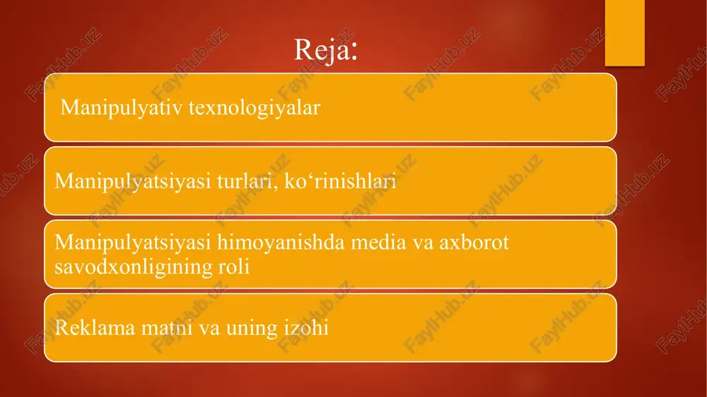) – internet-trol yoki onlayn bezorilik, facebook postlarida, bloglarida, youtube videolari ostida, forumlarda va twitter va instagram kabi boshqa ijtimoiy tarmoqlarda haqoratomuz izohlar qo‘yish orqali odamlarni ataylab xafa qilishga, muammo tug‘dirishga yoki bevosita hujum qilishga urinish. xeyting (hate) – “nafrat nutqi” ijtimoiy tinchlikka tahdid solishi mumkin bo‘lgan irqi, dini yoki jinsi kabi o‘ziga xos xususiyatlarga asoslangan guruh yoki shaxsga qaratilgan haqoratli nutqni anglatadi. reklama (lotincha "reklamo" — qichqirmoq) — tovarlarning sifati, ularni sotib olishdan koʻriladigan naf haqidagi axborot; bevosita yoki bilvosita foyda (daromad) olish maqsadida yuridik va jismoniy shaxslar yoki mahsulot toʻgʻrisida tarqatiladigan maxsus axborot. o‘zbekiston prezidenti shavkat mirziyoyev 7 iyun kuni imzolagan «reklama to‘g‘risida»gi yangi qonun 9 sentabr — kunidan kuchga kirdi. shunga muvofiq, reklama tarqatuvchilar yangi tartiblarga amal qilishi kerak. reklamaning paydo boʻlish tarixi juda qadimiy, yunoniston va qadimgi rimda ogʻzaki va yozma reklama, hatto tovar belgisi qoʻyib tamgʻalash yoʻli bilan tovarlar reklama qilinganligi haqida maʼlumotlar bor. hozirgi …