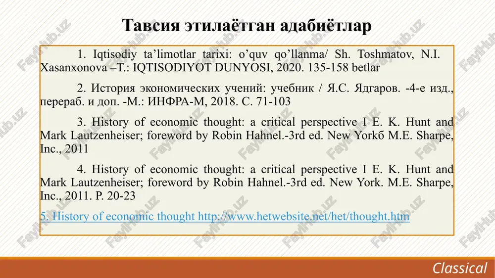 rum qilinishi angliya yollanma mehnatdan (krepostnoylik emas) keng foydalanilgan, keyinchalik texnika yangiliklari keng qo'llanilgan manufaktura (manu - qo'l, facture - tayyorlash) - mehnat taqsimoti, kooperatsiya, yollanma ishchi kuchi, demak, kapitalistik ishlab chiqarishning kurtaklari paydo bo'ldi. uy hunarmandchiligi - asosiy ishlar bir odam yoki oila tomonidan bajarilgan (xom ashyoni tayyorlash, qayta ishlash, sotish...) va aniq mehnat taqsimoti yo'q kapitalistik fermerchilik yuzaga keldi (ular erni lendlordlardan uzoq muddatli ijaraga olgan) yomen (dehqon)lar sinfi tugatildi classical klassik iqtisodiy maktab predmeti va usullari klassik iqtisodiy maktab deganda u.pettidan boshlanadigan iqtisodiy tadqiqotlar tan olinadi merkantilistlardan farqli ravishda klassik maktab namoyandalari feodalizm o'rniga kelgan nisbatan progressiv kapitalistik bozor munosabatlarining ichki iqtisodiy aloqalarini o'rgandilar va o'z tadqiqotlarini asosan ishlab chiqarish sohasiga ko'chirdilar. predmeti – ishlab chiqarish sohasidagi iqtisodiy munosabatlar usuli ilmiy abstraktsiyalash, induktsiya va deduktsiya, sabab-oqibat predmeti – muomala sohasidagi iqtisodiy munosabatlar usuli empirizm, iqtisodiy jarayonlarga tashqi omillar ta'sirini tavsiflash merkantilizm klassik iqtisodiy maktab classical klassik iqtisodiy …