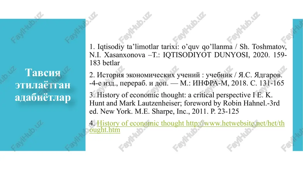 hi, buyuk sanoat inqilobi) sanoat inqilobi dastlab engil sanoatda, xususan, to'qimachilik sohasida boshlandi va mashinasozlikning vujudga kelishi bilan nihoyalandi jahonning etakchi mamlakatlarida ommaviy ravishda qo'l mehnatidan mashina mehnatiga, manufakturadan fabrikaga, agrar iqtisodiyotdan sanoat ishlab chiqarishga o'tish jarayoni ro'y berdi manufaktura – yollanma ishchilarning qo'l mehnatiga asoslangan, alohida ishlab chiqarish operatsiyalari bo'yicha mehnat taqsimotiga ega korxona fabrika (lot. fabrica - ustaxona; zavod) – mashinalarga asoslangan, ommaviy ishlab chiqarishga mo'ljallangan sanoat korxonasi adam smit (1723–1790) shotlandiyaning kerkoldi shahrida tug'ilgan 17 yoshida glazgo, 23 yoshida esa oksford universitetini tugatgan 25 yoshidan glazgo universitetida dars bera boshlagan, mantiq (1751) va falsafa fanlari (1752) professori 1759 – etikaning falsafiy muammolariga bag'ishlangan o'zining birinchi «axloqiy hissiyot nazariyasi» 1763-66 –gertsog boklyu oilasida tarbiyachi, evropa bo'ylab sayohatga chiqdi, shveytsariyada volter, frantsiyada didro, fiziokratlar f.kene va a.tyurgo kabi taniqli olimlar bilan uchrashdi 1776 – «xalqlar boyligining tabiati va sabablari to'g'risidagi tadqiqot» asarini nashr etdi «xalqlar boyligining tabiati va sabablari …