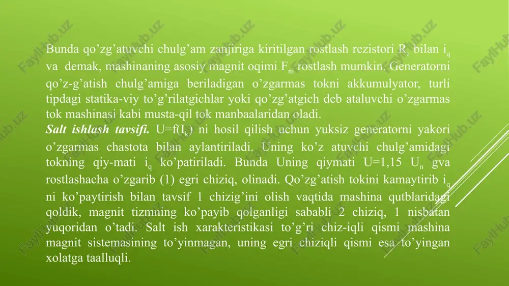 ing nominal o’zgarishi quyidagicha aniqlanadi: un = (u0–un)/un100%; un = 510% rostlash xarakteristikasi. yuk o’zgarishiga qaramay u qiymatini bir me’-yorda, qo’shimcha u=un qilib saqlash yoki ma’lum qonuniyat bilan o’zgartirish qonuni-ni aniqlaydigan iq=f(ia) ni generatorning rostlash xaraktikasit n=sonst. qo’zg’atish zanjirida salt ishlagan generatorning klem malaridagi un hosil qiluvchi iq hosil qilinadi.so’ng-ra sekin-asta yuk orttirilib boriladi. bunda genera-tor klemmalaridagi u o’zgarmay qolishi uchun iq oshiri sh. so’ngra yuk sekin-asta 0 gacha kamaytiriladi, bunda ham u= sonst iq kamaytiriladi. yuk toki va bir vaqtda iq ortib borganda mashina magnit zanjirida qoldi, magnitizm ko’payganligi uchun 2,1 dan pastda yotadi, 3 chiziq, generatorning amaliy rostlash xarakteristikasi deyladi. mustaqil qo’zg’atishli generatorning ishlashi uchun qo’shimcha tok manbai talab qilinishi uning asosiy kamchiliti hisoblanadi. magnitizm ko’payganligi uchun 2,1 dan pastda yotadi, 3 chiziq, generatorning amaliy rostlash xarakteristikasi deyladi. mustaqil qo’zg’atishli generatorning ishlashi uchun qo’shimcha tok manbai talab qilinishi uning asosiy kamchiliti hisoblanadi. qisqa tutashish xarakteristikasi. iq=f(iq) bunda u=0 …