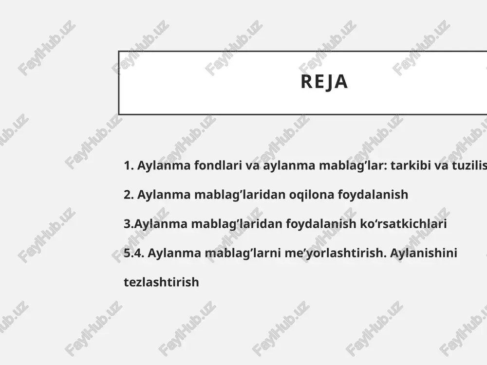aterial, yoqilg’i va energiya miqdori mahsulot sifatiga ta’sir ko‘rsatmagan holda qanchalik kam bo‘lsa, mahsulot shunchalik arzonlashadi hamda aylanma mablag’lar kamroq sarflanib, ulardan foydalanish samaradorligi yuqori bo‘ladi. korxonalarning aylanma mablag’lari aylanma fondlari va muomala fondlariga taqsimlanadi. bunday taqsimlash ularning moddiy(buyumlashgan tuzilishidan tashqari, ishlab chiqarish jarayoni va umuman, korxonaning iqtisodiy faoliyatidagi ishtiroki asosida amalga oshiriladi. bundan tashqari, taqsimlash rejalashtirishni tashkil qilishda hamda korxonaning ishlab chiqarish va noishlab chiqarish sohalarida aylanma mablag’larga bo‘lgan ehtiyojini aniqlashda katta rol o‘ynaydi. aylanma ishlab chiqarish fondlari (korxona ishlab chiqarish fondlarining bir qismi bo‘lib, bitta ishlab chiqarish tsikli davomida sarflanadi hamda natural shaklini o‘zgartirib, o‘z qiymatini to‘lig’icha tayyor mahsulot tannarxiga o‘tkazadi. shu sababli aylanma ishlab chiqarish fondlari ishlab chiqarish jarayonining majburiy elementi va ishlab chiqarish harajatlarining asosiy qismi hisoblanadi. korxona aylanma ishlab chiqarish fondlari qatoriga xom ashyo va materiallar zahirasi, yarim tayyor mahulotlar, yoqilg’i va energetika resurslari, qadoqlash va o‘rov materiallari, ehtiyot qismlar, tugallanmagan ishlab chiqarish va kelajakdagi …