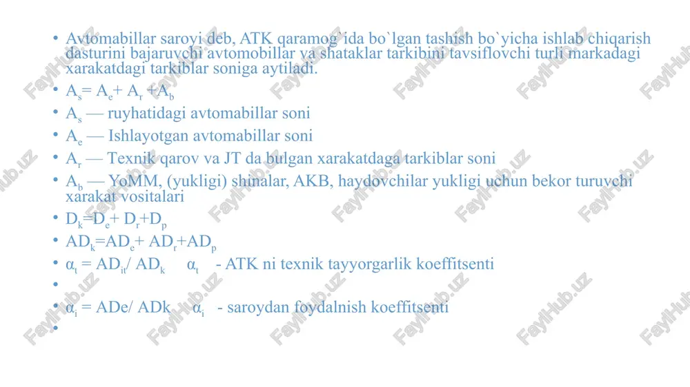 rilgan avtomobillardan foydalanish; mayda partiyali yuklarni oldindan yo’nalishlarga qarab guruhlash lozim. 3. transport vositasining ish rejimi. harakat tezliklari. transport vositalarini bosib o`tgan masofasi turlari. image1.png image2.png transport vositalarning marshrutlardagi ish rejimi, ya’ni -ishvaqti (t,,) soat birligidagi o’lchanuvchi, ularni ats nazorat joyidan ishga chiqib ketib, ish nihoyasida yana saroyga qaytib kelib yugoridagi nazorat joyidan o’tishgacha vaqt tushuniladi. bunda aytilgan vaqtdan tushlik uchun berilgan vaqt chegirilib tashlaniladi. avtomobillarni ishda bo’lishvaqtlari, ularni ayni marshrutda bo’lishvaqtlari (7, )va nolinchi gatnov harakatiga zarur vaqt (t, ) yig’indisidan iborat bo’ ladi: t 4, =t, + t,s0at o’z navbatida yuk avtomobillarning marshrutda bo’lish vaqti qo’yidagi vaqtlar yig’indisidan iborat: t, =t,+t,_,+t,,,soat t,,-n—1 vsiga yuk ortish—tushirishga sarflangan vaqt, soat; tom —1 vsining har xil sabablarga ko’ra bekor turish vaqti. passajirlar tashish marshrutida ishlovchi avtobuslarni marshrutdagi vaqti, ularni harakat vaqti, oraliq to’xtash joylarida chiqish (tushirish) vaqti (7.,.,) va marshrutlar nihoyasidagi to’xtab turish vaqti (7,,,,.,) yig’indisidan iborat. yarymanii yrmtrant macoda yuyao …