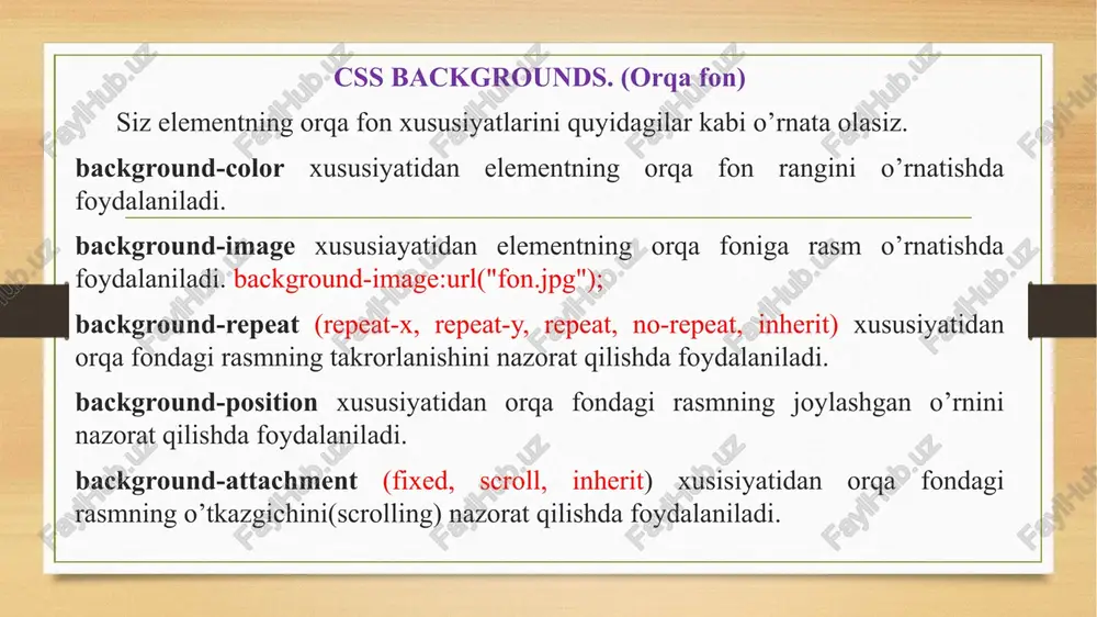 xossasi jumladagi so’zlar orasidagi masofani o’rnatishda ishlatiladi. text-indent (px larda) xossasi paragraf matni abzaslarini o’rnatishda ishlatiladi. text-align xossasi hujjatning matni joylashuvida foydalaniladi. text-decoration (line-through, overline, underline) xossasi tagiga yoki ustiga chizilgan yozuv va matnda joy tashlashda ishlatiladi. text-transform (capitalize, lowercase, uppercase) xossasi matn harflarini katta harflarga yoki kichik harflarga o’tkazishda foydalaniladi. white-space (pre, nowrap) xossasi xossasi matnni formatlash va o’qishni nazorat qilishda foydalaniladi. text-shadow (text-shadow:-4px 4px 4px red; text-shadow: -1px -1px 0 white, -2px -2px 0 red ) xossasi matn bo’ylab matn izini o’rnatishda foydalaniladi. css links – css da bog’lanishlar siz gipermurojaat xossalarini quyidagicha o’rnatishingiz mumkin. :visited xossasi gipermurojaatlarga tashrif buyurganlikni bildiradi. :hover bu xossa hozirgi vaqtda sichqoncha ko’rsatkichi gipermurojaat ustida turganligini bildiradi. :active bu element foydalanuvchi hozir gipermurojaatni bosganligini bildiradi. eslatma: a:hover elementi a:visited dan so’ng kelishi shart. shuningdek, a:active elementi a:hover dan so’ng kelishi shart. misol uchun: a:visited {color: #006600} a:hover {color: #ffcc00} a:active {color: #ff00cc} css …