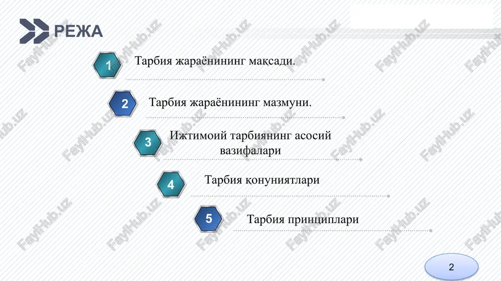 qayta tarbiya – avvalgi tarbiya jarayonidagi kamchiliklarni tuzatishga ki bartaraf etishga qaratilgan faoliyatdir. add your company slogan logo http://ppt.prtxt.ru tarbiya deb - tarbiyachi o‘zi xohlagan sifatlarini tarbiyalanuvchilarning ongiga singdirishi uchun ulaming ruhiyatiga ma’lum maqsadga ko‘ra tizimli ta’sir ko‘rsatishiga aytiladi. tarbiya bola tug‘ilganidan umxining oxirigacha davom etadigan j arayondir. tarbiya - biror maqsadga qaratiigan jarayon, u doimo muayyan rejaga ega bo‘ladi va buning uchun maxsus vakolatga ega bo‘lgan kishilar tomonidan amalga oshiriladi. hamma davrlarda ham tarbiyachilar yoshlaming axloqi va odobi, iy’moni va vijdoni, bilimi - malakasi, xatti-harakati, yo‘nalishi, tarixiy tajribasi, davr talablari va ehtiyojlari, istiqlol vazifalari bilan uyg‘unlashtirib shakllantirishga, rivojlantirishga harakat qilganlar. 0‘z oldiga inson kuchi, bilimi va irodasi bilan bajarilishi mumkin bo‘lgan muayyan maqsadlami qo‘ygan davlatlar ham ta’lim-tarbiya ishlariga befarq qaramagan. add your company slogan logo xalqni, millatni ravnaq topishi, rivojlanishi va aksincha, jaholatga yuz tutishi shakllanib kelayotgan "inson kapitali"ning marifati, manaviyati, ilmi va konikma darajasiga bog'liq. bu xususiyatlarni kamol …