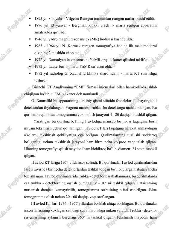 na manba trubka shu detektorga mahkamlangan. bu qurilma orqali bitta tomogramma yozib olish jarayoni 4 - 20 daqiqani tashkil qilgan. yaratilgan bu qurilma ktning i avlodiga mansub bo’lib, u faqatgina bosh miyani tekshirish uchun qo’llanilgan. i avlod kt lari faqatgina harakatlanmaydigan a'zolarni tekshirish qobiliyatiga ega bo’lgan. qurilmalarning tuzilishi soddaroq bo’lganligi uchun tekshirish jarayoni ham birmuncha ko’proq vaqt talab qilgan. ularning tomografiya qilish maydoni ham kichikroq bo’lib, diametri 24 sm ni tashkil qilgan. ii avlod kt lariga 1974 yilda asos solindi. bu qurilmalar i avlod qurilmalaridan farqli ravishda bir necha detektorlardan tashkil topgan bo’lib, ularga nisbatan ancha tez ishlagan. i avlod qurilmalarida trubka - detektor harakatlanmasa, bu qurilmalarda esa trubka - detektorning og’ish burchagi 3o - 10o ni tashkil qilgan. patsientning nurlanish darajasi kamaytirilib, tomogramma su'ratining sifati oshirilgan. bitta tomogramma olish uchun 20 - 60 daqiqa vaqt sarflangan. iii avlod kt lari 1976 - 1977 yillardan boshlab chiqa boshlagan. bu qurilmalar …