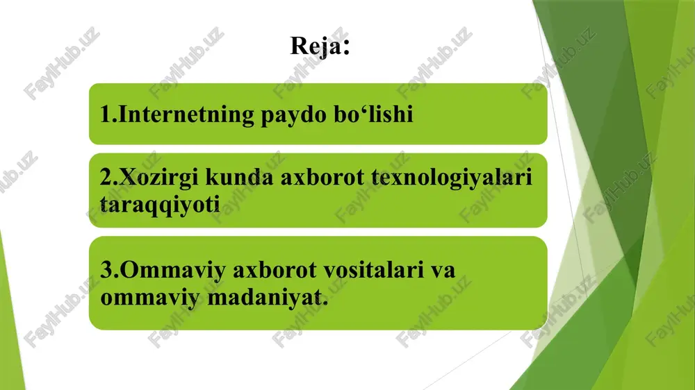 mumkin. birinchi turdagi texnologiyalar mehnatni, moddiy resurslarni, vaqtni tejaydi. ratsionallashtiruvchi axborot texnologiyalariga chiptalar buyurtma qilish, mexmonxona xisob-kitoblari tizimlari misol bo‘ladi. axborot texnologiyasining rivojlanish tarixi axborot texnologiyasining vujudga kelishi va rivojlanishini belgilovchi ichki va tashqi omillar mavjud bo’lib, ular quyidagilar: ichki omillar. tashqi omlilar. ichki omillar- bu axborotni poydo bo’lish turlari, xosalari, axborot lar bilan turli amallarni bajarish, uni jamlash uzatish, saqlash va h.k. tashqi omillar – bu axborot texnologiyasining texnika – uskunaviy vositalari orqali axborot bilan turli vazifalarni amalga oshirishni bildiradi. axborot texnologiyalari jamiyat axborot resurslaridan oqilona foydalanishning eng muhim omillaridan biri bo’lib, hozirgi vaqtga qadar bir necha bosqichlarni bosib o’tdi. 1 – bosqich. xix asrning 2 – yarmigacha davom yetgan. bu bosqichda «qo’llik» axborot texnologiyalari taraqqiy yetgan. uning vositasi pero,siyoxdon, kitob. kommunikatsiya ya’ni aloqa odamdan – odamga yoki pochta orqali xat vositasida amalga oshirilgan. 2 - bosqich. xix asirning oxiri, unda «mexanik» texnologiya rivoj topgan. uning asosiy vositasi yozuv …