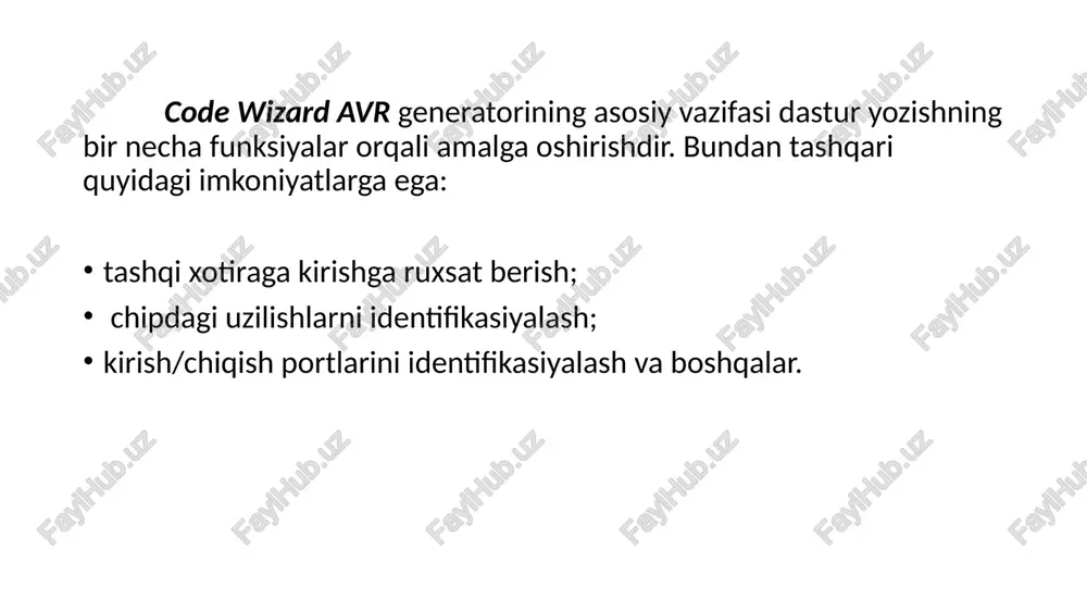 ; - a identifikatori o’rniga 15 qiymati. #define b (a+20); - b identifikatori o’rniga (a+20) identifikatori. #define derektivasining boshqa shakli ham bo’lib, unda funksiyalardan foydalanish mumkin. masalan: #define x(a,b,c) (a*b-c); x(a,b,c) ko’rinishidagi funksiya ifodasi a*b-c shaklida degani. #undef – ushbu derektiva #define derektivasida aks ishlaydi. masalan: #undef a; a identifikatorini yo’q qilish. #if, #ifdef, #ifndef, #else va #endif – ushbu derektivalar shartli kom’lyasiyalarda ishlatiladi. #line – makrosni o’zgartirish uchun ishlatiladi. unda _line_ va _file_ kalit so’zlar ishtirok etadi. masalan: #line 25 test.c. #define derektivasi – o’zgarmas kattaliklarni aniqlash uchun ishlatiladi. izoh izoh (comment) – c dasturlash tilida izoh qatorli yoki matnli shakllanda bo’ladi. qatorli izoh “//” orqali, matnli esa “/*….*/”.izoh dasturda bajarilayotgan davrda tushinarli bo’lishi uchun yoziladi. izoh matn va qator uchun berilishi mumkin. matn uchun: /*matn uchun*/ qator uchun: // qator uchun shaklida bo’ladi. ma’lumotlar toifasi – c dasturlash tilida o’zgaruvchilarga oldindan ajratiluvchi joy ma’nosini anglatadi. kengaytirilgan ko’rinish: c …