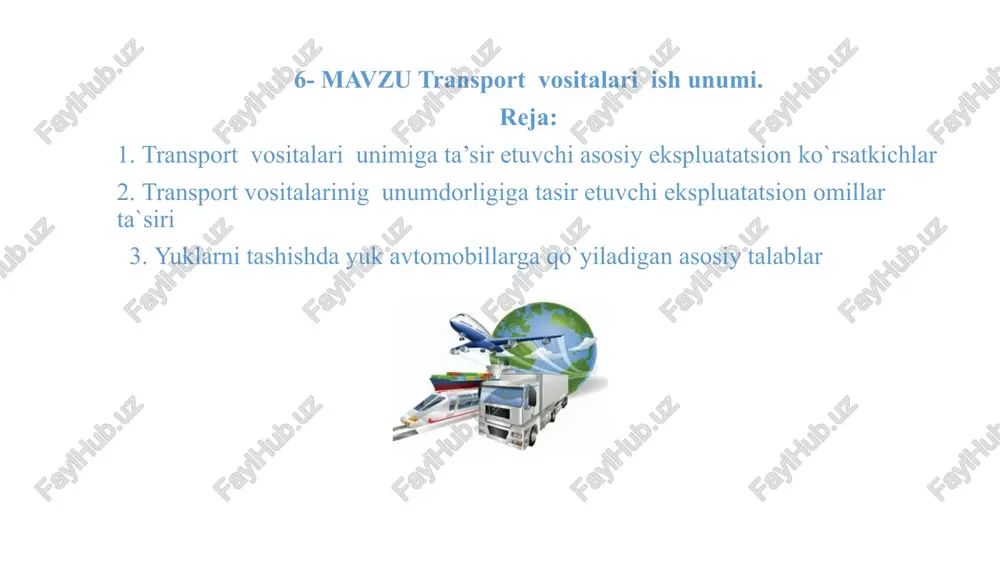 ar xil, ayniqsa alohida sharoitni talab etuvchi yuklarni toshishda avtomobillarn ishlatish yo’l va iqlim sharoitlari; ortish-tushirish operatsiyalarini bajarish usullari. mexanizatsiyalashgan usullarni qo’llashda avtomobil’ yuk ko’taruvchanligining ortish-tushirish vositalari turi va quvvatiga mosligi; yuk oboroti tarkibini hisobga olgan holda ayni tashishning kelajakda rivojlanishi; yuklarni tashib berish muddati; transport vositasining anq sharoitlardagi ish unimi; har xil turdagi transport vositasinng qo’llashdagi tashish tannarxi. xarakatlanuvchi tarkiblar e`tiboringiz uchun rahmat. image1.jpeg image2.jpeg image3.jpg image4.png image5.jpeg image6.jpeg image7.png image8.jpeg image9.jpeg image10.jpg image11.jpeg image12.jpeg image13.jpeg image14.jpg sa “yer usti trast ost thmeart, qe = q+ zoe = in yom * zuo pop lge = in vem” zoe © soe km wat/c ~ * le) a ~~ x . ie be : gi /docprops/thumbnail.jpeg