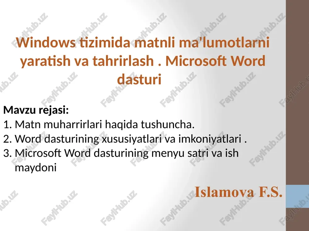 ruvchi klaviaturadan kiritilgan belgi chiziq - gorizontal ravishda varaqning boshidan oxirigacha belgilar va so'zlar to'plami so'z ikki tomondan tinish belgilari yoki bo'sh joy bilan chegaralangan belgilar to'plamidir paragraf - mazmunni semantik ta'kidlash uchun guruhlangan qatorlar ketma-ketligi sahifa - vertikal ravishda varaqning boshidan oxirigacha paragraflar ketma-ketligi fragment - matnning tanlangan qismi. word bilan ishlashni boshlash word-dagi barcha yangi matnli hujjatlar shablonlarga asoslangan. shablon - bu yangi matnli hujjatlarni yaratish uchun shablon sifatida foydalaniladigan hujjat. word dasturida word-da matnli hujjatni quyidagi usullar bilan yaratishingiz mumkin: menyuda yangi buyruqni tanlang fayl , so'ngra yaratish bo'limidagi vazifa panelida "yangi hujjat" ni tanlang ; standart asboblar panelidagi yangi belgisini bosing, bo'sh hujjat hujjat 1 ochiladi. yangi hujjatlarni yaratishda ularga ketma-ket 2, 3, 4, 5 va boshqalar raqamlari beriladi. word dasturida hujjatni ochish word-da hujjatni bir necha usul bilan ochishingiz mumkin: fayl menyusidan ochish buyrug'ini tanlang va hujjatni ochish muloqot oynasida fayl nomi va joylashuvini belgilang; …