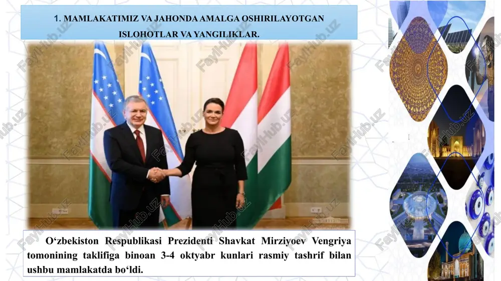 etish va mamlakatning xalqaro maydondagi nufuzini yuksaltirish, o‘zbekiston va tojikiston o‘rtasidagi do‘stlik va yaxshi qo‘shnichilik, strategik sheriklik va ittifoqchilik munosabatlarida bugungi yuksak darajaga erishishdagi o‘rni alohida qayd etildi. o‘zbekiston respublikasi prezidenti shavkat mirziyoev 5 oktyabr kuni tojikiston respublikasi prezidenti emomali rahmon bilan telefon orqali muloqot qildi. 6-oktabr kuni o‘zbekiston respublikasi prezidentining farmoni bilan mamlakatlarimiz xalqlari o‘rtasidagi an’anaviy do‘stlik va hamkorlik rishtalarini rivojlantirishga qo‘shgan ulkan shaxsiy hissasi hamda tavalludining 70 yillik yubileyi munosabati bilan rossiya federatsiyasi prezidenti vladimir vladimirovich putin o‘zbekiston respublikasining "oliy darajali do‘stlik" ordeni bilan mukofotlandi. 2. “sharq javohirlari” “mamlakatimizdek boy tarix, bobolarimizdek buyuk allomalar hech qayerda yo’q!” shavkat mirziyoyev prezidentimiz shavkat mirziyoev yangi o'zbekistonni bunyod etish g'oyasini ilgari surar ekan, ushbu buyuk maqsadga erishish uchun, avvalo, ilm-fanni rivojlantirish, zamonaviy ilm-fan yutuqlarini puxta egallash, eng yangi texnika va texnologiyalarni o'zlashtirish, ijtimoiy-iqtisodiy hayotimizga axborot texnologiyalarini joriy qilish, dunyoda inson taraqqiyotini ta'minlashga xizmat qiladigan barcha ilg'or g'oyalarni o'zlashtirishdek pragmatik siyosatni amalga …