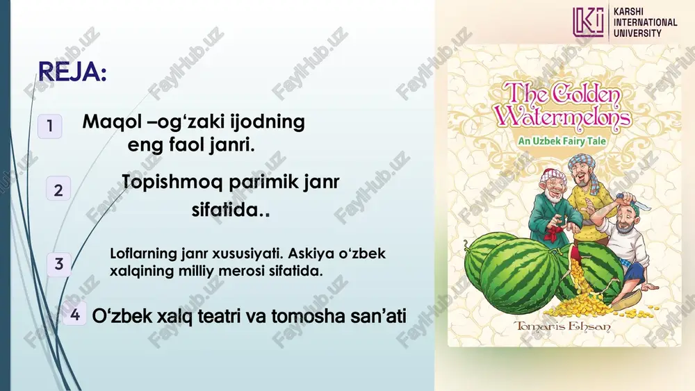 da”, “hunari yo'q kishining, mazasi yo'q ishining”. 2. maqol xalq og'zaki ijodining juda qadimiy shakllaridan biri bo'lib, unda xilma-xil badiiy ifoda vositalari — ohangdosh tovushlar takrori bo'ladi. 1.“maqol” atamasi arabcha qavlun - gapirmoq, aytmoq so’zidan olingan. maqol janrining o’rganilish tarixi mahmud koshg’ariyga borib taqaladi. o’zining “devonu lug’ati turk” asarida 400 ga yaqin maqol va matallar o’rin olgan, undan tashqari so’z mulkining sultoni alisher navoiy, zahiriddin muhammad bobur va boshqalarning ijodida ham maqollarga alohida e’tibor berilganligini ko’rishimiz mumkin. maqollar tuzilishiga ko‘ra, bir va bir necha sintaktik butunliklar asosida tashkil topgandir. bir sintaktik butunlikdan iborat maqollar, odatda bir qismli maqollar sanalib, ko‘pincha darak gap yo‘sinida bo‘ladi: “ayol tilini ayol biladi”, “arg‘imchiga qil-quvvat”, “vatanni sotgan er bo‘lmas”, “gavhar yerda yotmas”, “yomon it egasini qopar”, “ishni ishchandan o‘rgan” kabi. ko‘p sintaktik butunlikdan iborat maqollar esa ko‘p qismli, yoki murakkab maqollar deb yuritiladi. bunday maqollar bir-biriga o‘xshash, yoki zid fikrlar bayonidan iborat bo‘ladi. xalqning turmush …