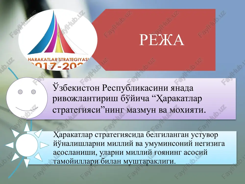 rolik jamiyati institutlari hamda ommaviy axborot vositalari rolini kuchaytirish ►qonun usuvorligini ta'minlash va sud -huquq tizimini yanada isloh kilishga yo'naltirilgan sud hokimiyatining chinakam mustaqilligini hamda fuqarolarning huquq va erkinliklarini ishonchli himoya qilish kafolatlarini mustahkamlash, ma'muriy, jinoyat, fuqarolik va xo'jalik qonunchiligini, jinoyatchilikka qarshi kurashish va huquqbuzarliklarning oldini olish tizimi samarasini oshirish, sud jarayonida tortishuv tamoyilini to'laqonli joriy etish, yuridik yordam va huquqiy xizmatlar sifatini tubdan yaxshilash ►iqtisodiyotni yanada rivojlantirish va liberallashtirishga yo'naltirilgan makroiqtisodiy barqarorlikni mustahkamlash va yuqori iqtisodiy o'sish sur'atlarini saqlab qolish, milliy iqtisodiyotning raqobatbardoshligini oshirish, qishloq xo'jaligini modernizatsiya qilish va jadal rivojlantirish, iqtisodiyotda davlat ishtirokini kamaytirish bo'yicha institutsional va tarkibiy islohotlarni davom ettirish, xususiy mulk huquqini himoya qilish va uning ustuvor mavqeini yanada kuchaytirish, kichik biznes va xususiy tadbirkorlik rivojini rag'batlantirish, hududlar, tuman va shaharlarni kompleks va mutanosib holda ijtimoiy-iqtisodiy taraqqiy ettirish, investitsiyaviy muhitni yaxshilash orqali mamlakatimiz iqtisodiyoti tarmoqlari va hududlariga xorijiy sarmoyalarni faol jalb etish ►ijtimoiy sohani rivojlantirishga yo'naltirilgan …