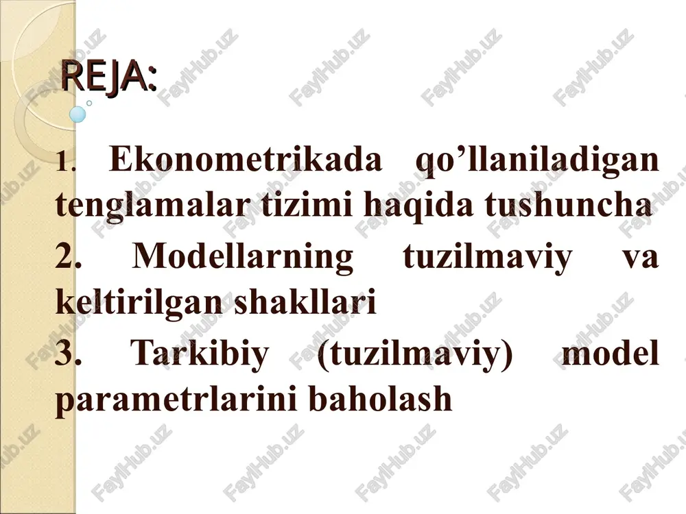 garuvchilardan iborat. ekzogen o’zgaruvchilar odatda (x) sifatida belgilanadi. ular avvaldan aniqlangan, endogen o’zgaruvchilarga ta’sir etuvchi, lekin ularga bog’liq bo’lmagan o’zgaruvchilardir. modelning oddiy tuzilmaviy shakli kuyidagicha ko’rinishga ega: bu erda: u – endogen o’zgaruvchilar; x – ekzogen o’zgaruvchilar. iqtisodiy o’zgaruvchilar bir modelda endogen boshqalarida ekzogen o’zgaruvchilar sifatida qatnashishi mumkin. endogen o’zgaruvchilarining o’tgan davrdagi qiymatlari ham ekzogen o’zgaruvchi sifatida qaralishi mumkin. masalan, joriy yildagi iste’mol (ui) faqat qator iqtisodiy omillarga bog’liq bo’lmasdan o’tgan yildagi iste’mol darajasi (ui-1)ga ham bog’liq bo’lishi mumkin. modellarning tuzilmaviy shakli har qanday ekzogen o’zgaruvchining o’zgarishini endogen o’zgaruvchining qiymatiga ta’sirini ko’rish imkonini beradi. modelning tuzilmaviy shaklida o’ng qismidagi endogen va ekzogen o’zgaruvchilar oldida qatnashuvchi bi va ai (bu erda bi –endogen o’zgaruvchilari oldidagi koeffitsient, ai ekzogen o’zgaruvchilar oldidagi koeffitsient) koeffitsientlar modelning “tuzilmaviy koeffitsientlari” deb ataladi. modelning keltirilgan shakli endogen o’zgaruvchilar ekzogen o’zgaruvchilarning chiziqli funktsiyalari tizimi sifatida ifodalanadi. 3. tarkibiy (tuzilmaviy) model parametrlarini baholash bir paytli tenglamalar tizimining ko’rinishiga qarab …