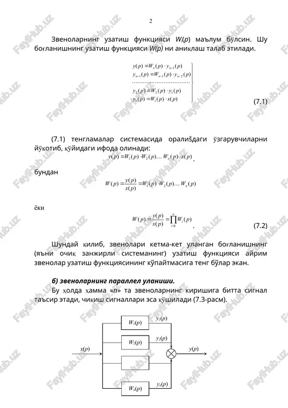 sxemasi 7.4-rasmda keltirilgan. 7.4 – rasm. teskari bog'lanish manfiy va musbat bo'ladi. agarda bo'lsa, manfiy teskari bog'lanish aks holda musbat teskari bog'lanish deyiladi. sistemani fikran, solishtiruvchi elementdan oldin ajratib, ochiq sistemani hosil qilamiz. bunda ikkita ketma-ket ulangan zvenolarning bog'lanishi hosil bo'ladi. shuning uchun ochiq sistemaning uzatish funktsiyasi , (7.6) . (7.7) (7.7) tenglamani berk sistemaning ulanish tenglamasi deyiladi. . (7.8) (7.8) tenglamani oldin (7.7) ga keyin esa (7.6) tenglamaga qo'yib, berk sistemaning uzatish funktsiyasi aniqlanadi. , , (7.9) bu erda – ochiš sistemaning uzatish funktsiyasi. ochiq sistemaga birlik manfiy teskari bog'lanish kiritilgada berk sistemaning uzatish funktsiyasi (7.9) formulaga muvofiq quyidagi ko'rinishga ega bo'ladi (7.5-rasm). 7.5-rasm. . (7.10) g) summatorni ko'chirish. , . g) tugunni ko'chirish. , ochiq sistemaning chastotaviy xarakteristikalari ochiq sistemaning chastotali xarakteristikasi ya'ni afx si rostlash jarayonining turg'unlik holatini tekshirishda juda muhim rol o'ynaydi. agarda har bir zvenoning uzatish funktsiyasi ma'lum bo'lsa, unda har doim ochiq sistemaning chastotali …