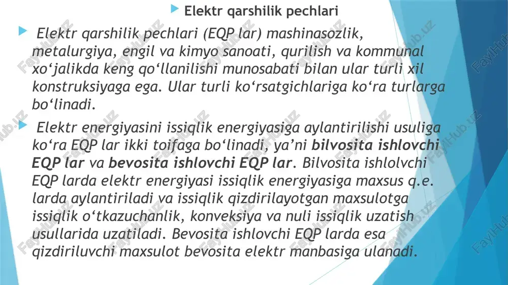 lmashuvi - nurli issiqlik almashuvi usuli orqali amalga oshiriladi. 2. bevosita ishlovchi eyop lari - ularda elektr yoyi elektrodlar uchi bilan metall o‘rtasida yonadi va bunda yoydagi issiqlik metallga nurli issiqlik almashuvi, konveksiya va issiqlik o‘tkazuvchanlik orqali uzatiladi. bilvosita ishlovchi elektr yoy pechlari bir fazali bilvosita eyop larning asosiy qismlari quyidagilardan iborat: 1- ichki qismi yuqori haroratlarga (o‘tga) chidamli material bilan futerovkalangan gorizontal vanna; 2-gorizontal vannaning qarama - qarshi devorlariga o‘rnatilgan elektrodlar. elektrodlar sarf bo‘lib borishi mobaynida maxsus mexanizm yordamida bir-biriga qarab siljitib boriladi; 3 – eritilayotgan material. ushbu material vannaga pech korpusi 5 ning yon darchasi orqali yuklanadi; 4 - elektr yoyi. 4.4 – rasm. bilvosita eyop ning sxemasi . bevosita ishlovchi elektr yoy pechlari bevosita eyop lar asosan keyinchalik prokat sexlarida quyma yombi olish uchun mo‘ljallangan po‘lat eritish uchun belgilangan. shuningdek, olingan po‘lat ma’suloti mashinasozlik zavodlarida fasonli quyish orqali metallurgik xom ashyo olish uchun ishlatiladi pechning tuzilishi: 1 …