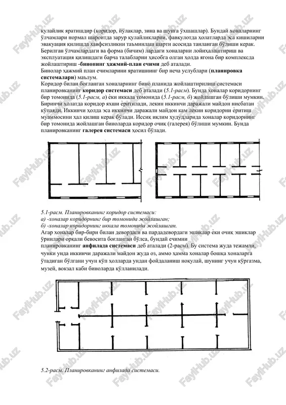 barcha talablarni hisobga olgan holda yagona bir kompleksda joylashtirish -binoning hajmiy-plan echimi deb ataladi. binolar hajmiy plan echimlarini yaratishning bir necha uslublari (planirovka sistemalari) ma'lum. koridor bilan bog'langan xonalarning bino planida joylashtirilish sistemasi planirovkaning koridor sistemasi deb ataladi (5.1-rasm). bunda xonalar koridorning bir tomonida (5.1-rasm, a) ѐki ikkala tomonida (5.1-rasm, b) joylashgan bo'lishi mumkin. birinchi holatda koridor yaxshi ѐritiladi, lekin ikkinchi darajali maydon nisbatan ko'payadi. ikkinchi holda esa ikkinchi darajali maydon kam lekin koridorni ѐritish muammosini hal qilish kerak bo'ladi. issiq iqlim hududlarida xonalar koridorning bir tomonida joylashgan binolarda koridor ochiq (galereya) bo'lishi mumkin. bunda planirovkaning galereya sistemasi hosil bo'ladi. 5.1-rasm. planirovkaning koridor sistemasi: a) -xonalar koridorning bir tomonida joylashgan; b) -xonalar koridorning ikkala tomonida joylashgan. agar xonalar bir-biri bilan devordagi va pardadevordagi eshiklar ѐki ochiq eshiklar o'rinlari orqali bevosita bog'langan bo'lsa, bunday echimni planirovkaning anfilada sistemasi deb ataladi (2-rasm). bu sistema juda tejamli, chunki unda ikkinchi darajali maydon juda …