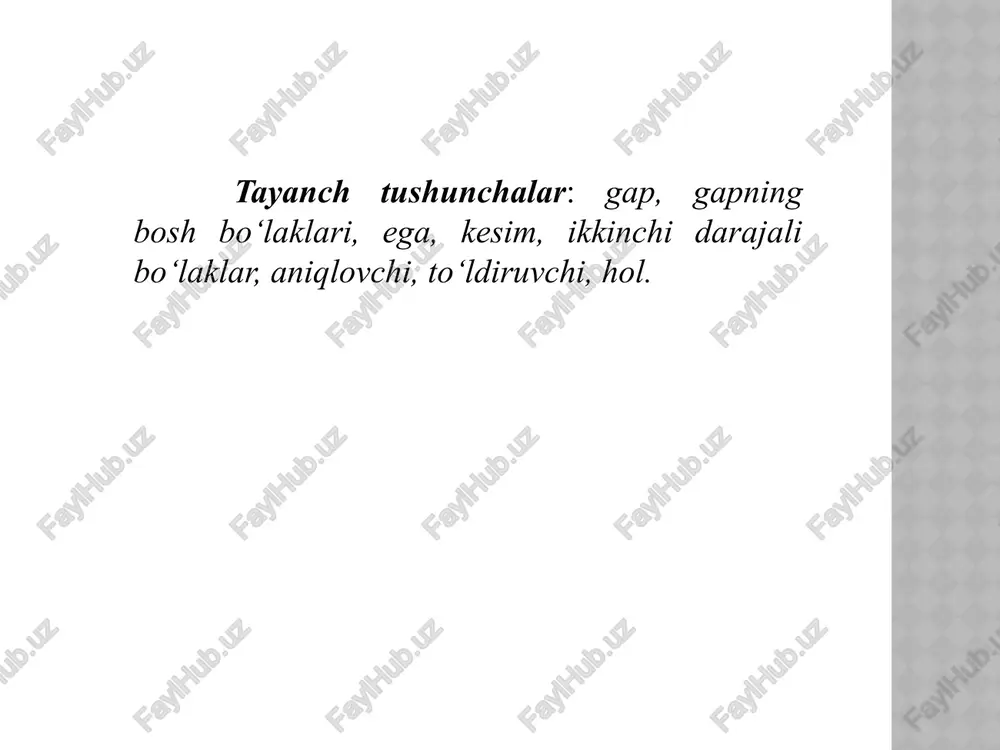 achon? qachon-gacha? qachondan buyon? qay tarzda? qancha? qanday? nima uchun? ifodalanishi sifatlovchi , qaratqich aniqlovchi, ot, sifat, son. ot, sifat, son, olmosh. ot, sifat, son, fe’l. ravish, ot, ravishdosh. vositali, vositasiz to‘ldiruvchi sifat, son. gap bo‘laklari ikki turga ajratiladi: bosh bo‘laklar gapning grammatik asosini tashkil qiladi. fikr, asosan, gapning grammatik asosi orqali ifodalanadi. ikkinchi darajali bo‘laklar gapning grammatik asosini tashkil qilmasdan, uni hajm jihatdan kengaytiradi yoki so‘z birikmasini shakllantirish uchun xizmat qiladi. gapning bosh bo‘laklari ega kesim gapning ikkinchi darajali bo‘laklari aniqlovchi to‘ldiruvchi hol bosh kelishikdagi so`zlarning sintaktik vazifasi ega ot-kesim vositasiz to‘ldiruvchilar aniqlovchi izohlovchi payt holi m: ot qattiq kishnadi m: men - talabaman. otam – o‘qituvchi m: salima o‘nta kitobni o‘qidi. m: oltin sandiq ochildi. seni o‘n yil kutdim. kuzda kechki olmalar g’arq pishdi. quruvchi – muhandis ma’ruza qildi. ega, odatda, yakka so‘z: ot, olmosh, harakat nomi, otlashgan so‘z (sifat, son, olmosh, sifatdosh, ravishdosh, ravish, taqlid so‘z, undov …