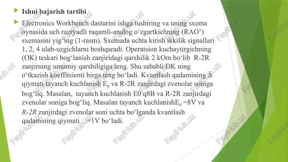 storga parallel kondensator ulab past chastotalarning aktiv filtrini hosil qiling. kondensatorning sigimini o‘zgartirish yo‘li bilan uning chiqish kuchlanishida pog‘onalar bo‘lmaydigan qiymatini aniqlang (4-rasm). bajarilgan ish bo‘yicha hisobot yozish tartibi hisobotda quyidagilar keltiriladi. 1. ishni bajarishdan maqsad. 2. tajribalarni o‘tkazishda foydalanilgan sxemalar. 3. olingan natijalar jadval va grafiklar korinishida. 4. olingan natijalarning tahlili. 4. bajarilgan ish bo‘yicha xulosalar. nazorat uchun savollar: 1. raqamli analog o‘zgartirgichning asosini nima tashkil qiladi? 2. uch razryadli raqamli-analog o‘zgartkichning sxemasini ko‘rsating? 3. raqamli analog o‘zgartirgichning ishlash printsipini tushuntiring image1.png image2.emf image3.png image4.png image5.png 1k ohm 1k ohm, 1k ohm. 1k ohm 2kohm 2kohm 2k ohm 2kohm 2k ohm = 4] ea) 10) ~ kirishdagi ikkilik signallar chiqishdagi o‘nli signal, uchiq ,v 0 0 0 0 0 1 0 1 0 0 1 1 1 0 0 1 0 1 1 1 0 1 1 1 1 kohm 1k ohm 1kohm 1 kohm lav) 2kohm 2kohm = …