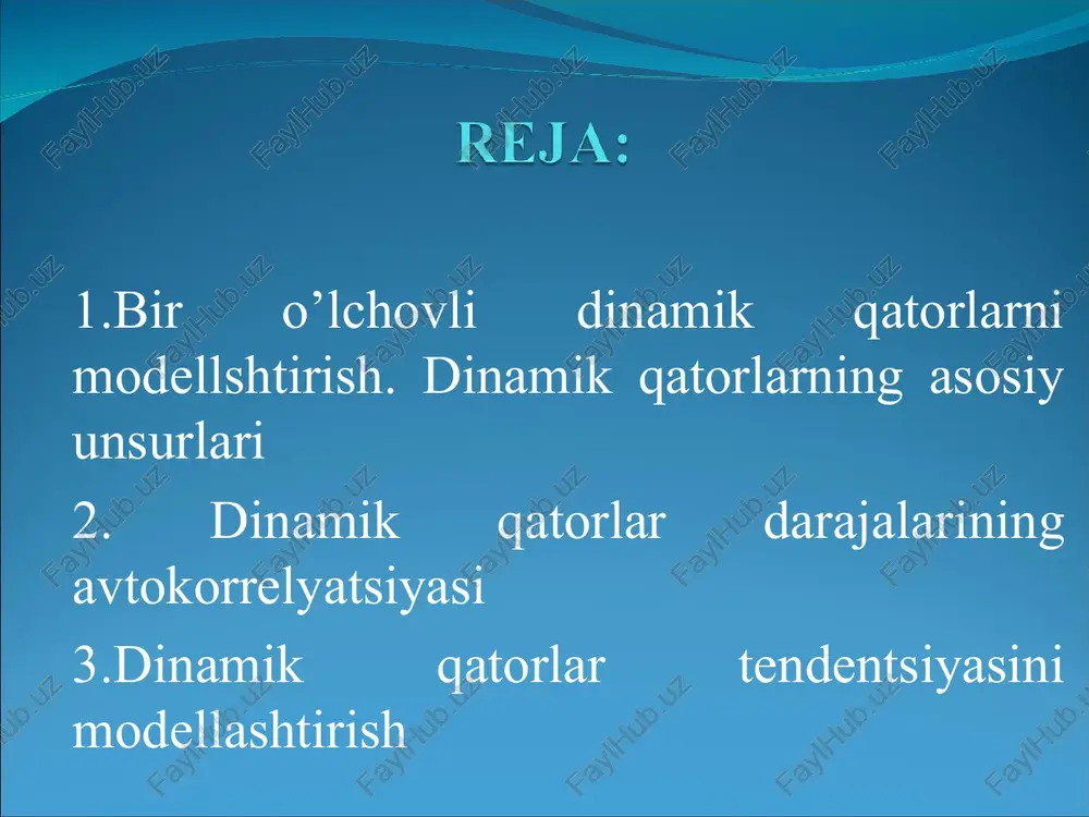 ligini yoki trendni tavsiflovchi analitik funktsiyalarni tuzishdan iborat. bu usul vaqtli qatorlarni analitik tekslash deb ataladi. trendlarni tuzish uchun ko’proq quyidagi funktsiyalar qo’llaniladi: chiziqli trend: giperbola: eksponentsial trend: ko’rsatkichli funktsiya shaklidagi trend: ikki va undan yuqori tartibli parabola: tendentsiya turlarini aniqlashning bir qancha usullari mavjud. eng ko’p tarqalgan usullar qatoriga o’rganilayotgan jarayonni sifat jihatidan tahlil qilish, qator darajalarini vaqtga bog’liqligi grafigini qurish va uni tahlil qilish, dinamikaning ayrim asosiy ko’rsatkichlarini hisoblash usullarini kiritish mumkin. tendentsiya turlarini aniqlashda qator darajalarining avtokorrelyatsiya koeffitsientlarini qo’llash mumkin. tendentsiya turi berilgan va qayta tuzilgan qatorlar darajalari bo’yicha hisoblangan birinchi tartibli avtokorrelyatsiya koeffitsientlarini solishtirish yo’li bilan aniqlanadi. trend parametrlarini hisoblash. misol.«n»-yilning 10 oyi nominal oylik ish haqining oylar bo’yicha «n-1»-yilning dekabr oyidagi darajasiga nisbatan foiz hisobida o’sish sur’ati haqidagi ma’lumotlar 1-jadvalda berilgan. oylar nominal oylik ish haqining o’sish sur’ati oylar nominal oylik ish haqining o’sish sur’ati yanvar 82,9 iyun 121,6 fevral 87,3 iyul 118,6 mart 99,4 …