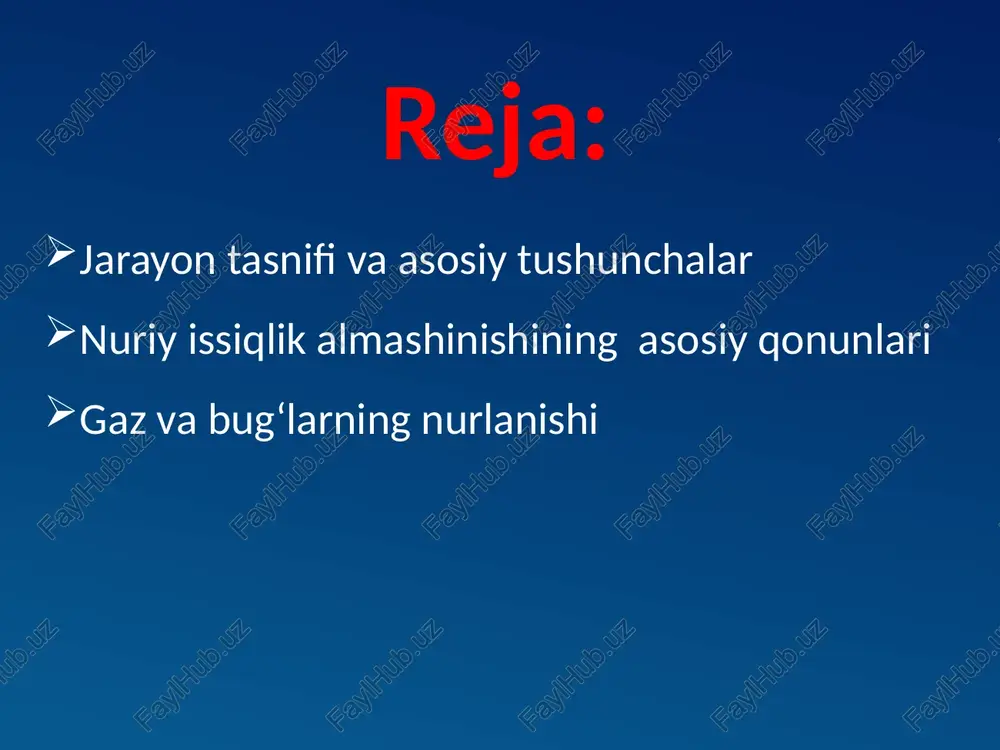 i jismga yutiladi, qr qismi undan qaytariladi , qolgan qd qismi esa jismdan o‘tib ketadi ya’ni q = qa + qr+ qd bu tenglikni ikkala qismini q ga bo‘lsak ni olamiz va bu nisbatlarni mos ravishda a, r, va d deb belgilasak, quyidagilarni olamiz . q = qa + qr+ qd bu tenglikni ikkala qismini q ga bo‘lsak ni olamiz va bu nisbatlarni mos ravishda a, r, va d deb belgilasak, quyidagilarni olamiz . yutilish koeffitsienti , - qaytarish koeffitsienti, - o‘tkazish koeffitsienti. bularni ehtiborga olib, tenglikni shunday yozamiz. a+r+d =1 ushbu tenglik nurlanish energiyasi issiqlik balansining tenglamasi deyiladi. agar a=1 bo‘lsa r =d = 0 bo‘ladi, ya’ni, jism ketayotgan nurni hammasini yutadi. bunday jism absolyut qora jism deyiladi. masalan qora qurum uchun a = 09 ..... 096 qor va muz uchun a = 096 ....098. agar r=1 bo‘lsa a=d =0 bo‘ladi ya’ni,jism hamma nurni o‘zidan kaytaradi. bunday jism absolyuk …
